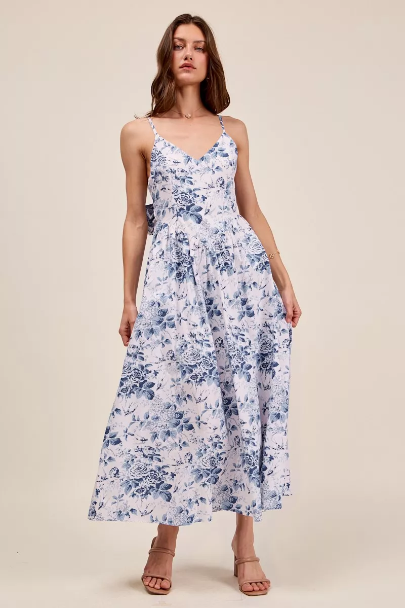 Authentic SO ME Floral Woven V Neck Dress With Back Ribbon Tie High-Performance