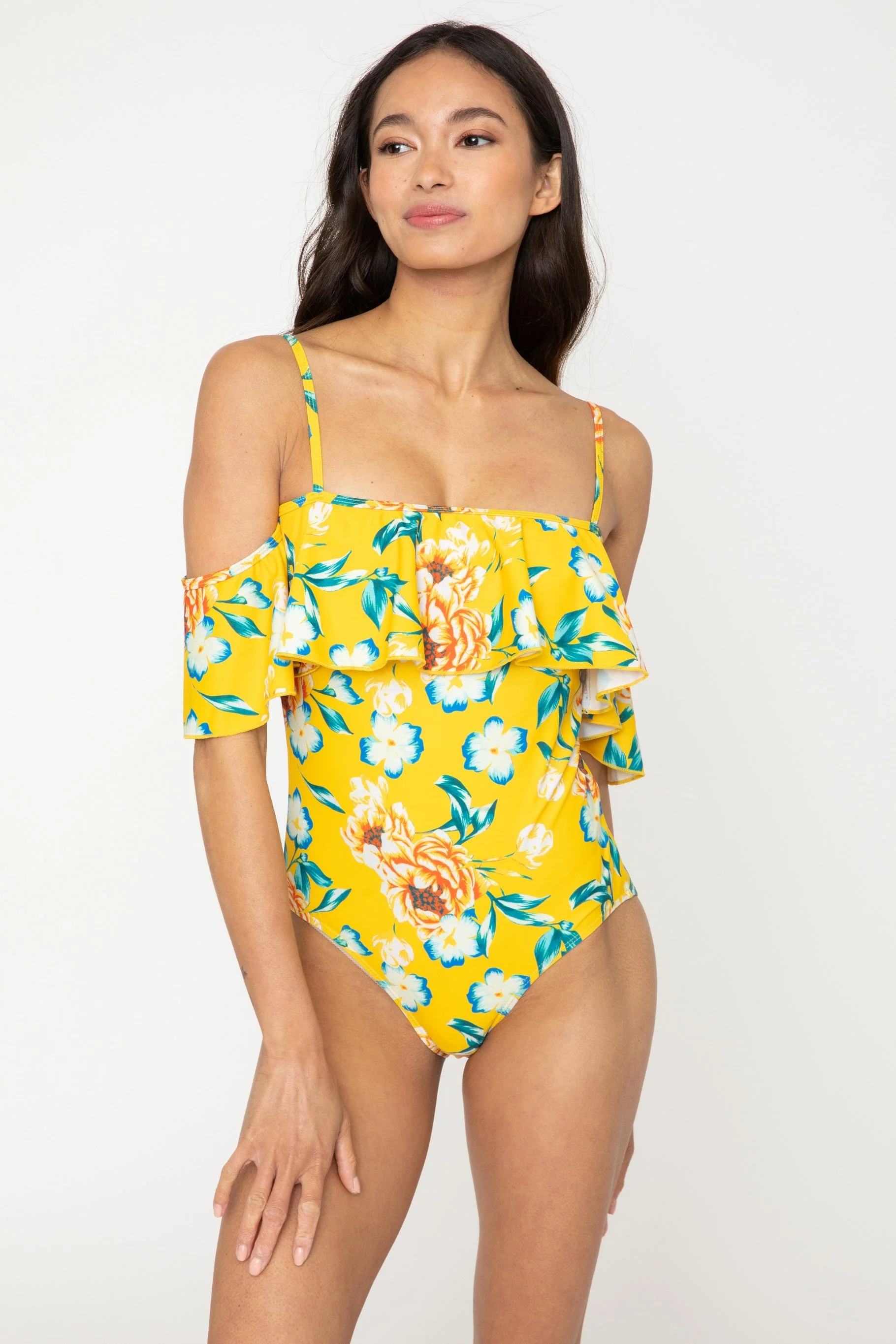 Certified Marina West Big Ruffled with Adjust Shoulder String One Piece Swimsuit F1810 - Bramble Yellow Natural