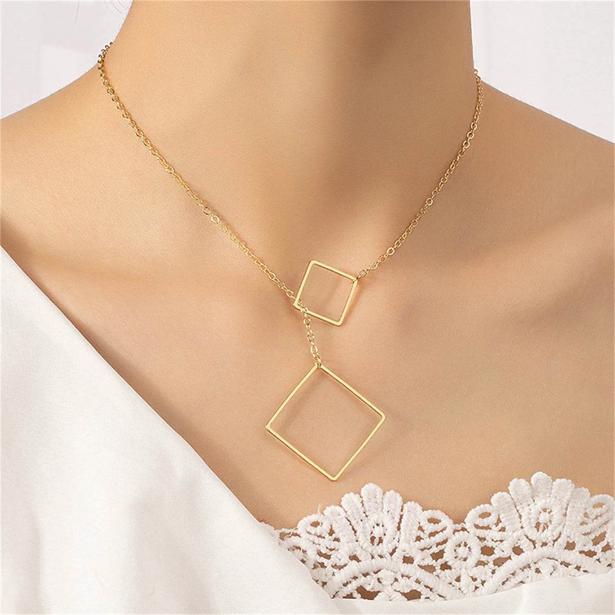 Environmentally Friendly Goldtone Open Square Lariat Necklace Responsible