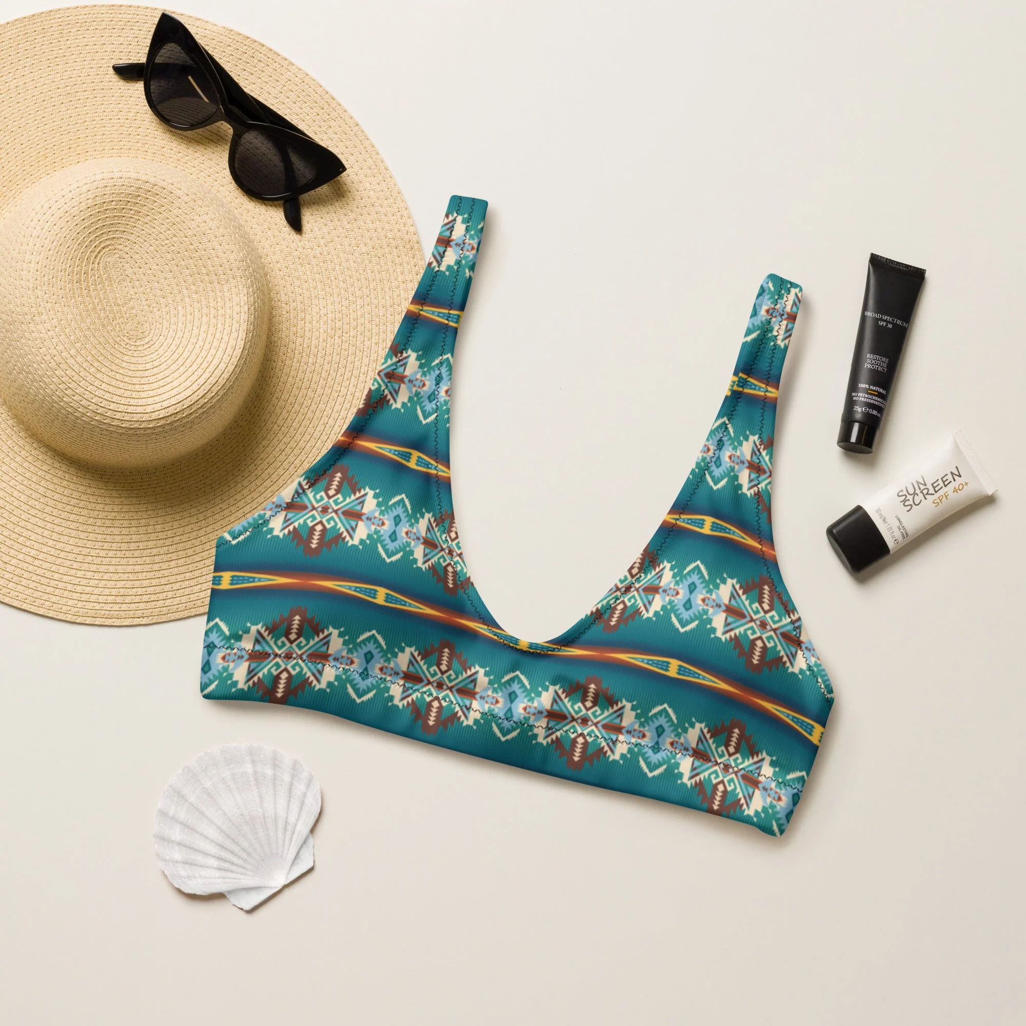 Professional Baha Ranch Yeehaw Teal Aztec Blanket Print Bikini Top Contemporary