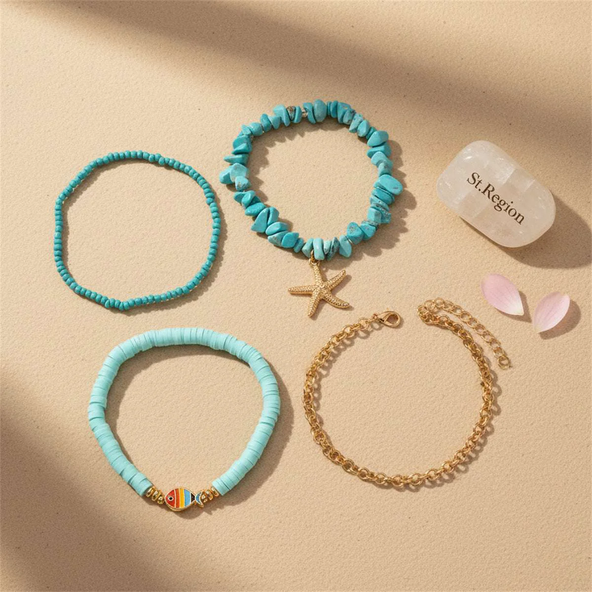 Expertly Made Polymer Clay Turqouise Enamel Goldtone Fish Charm Stretch Anklet Set Practical