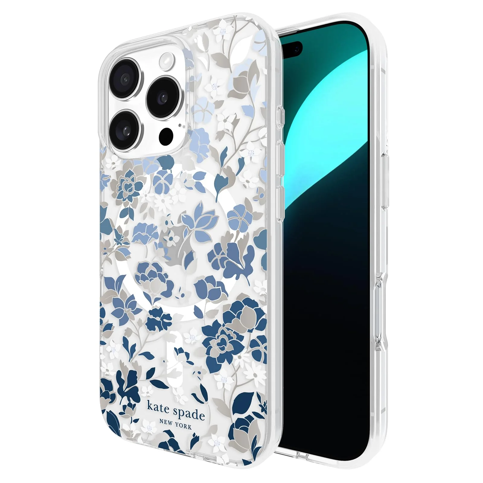 Casual kate spade new york iPhone 16 Pro Case - Compatible with MagSafe - Designer Phone Case - Flowerbed Blue Gems