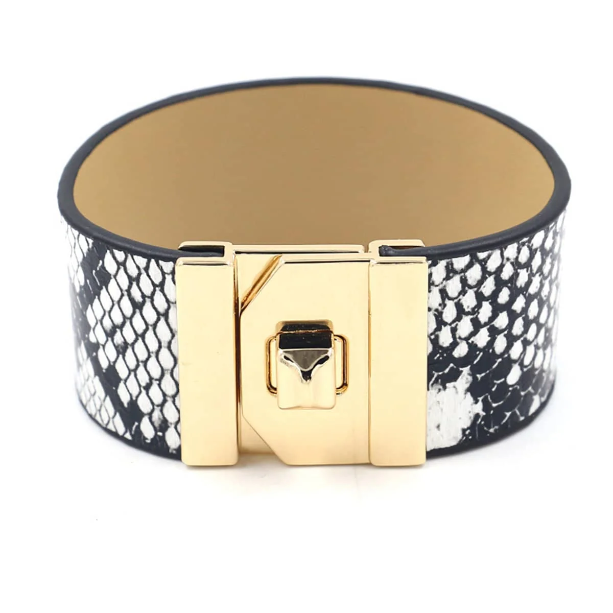 Fashionable Black Polystyrene Goldtone Snake Print Buckle Bracelet Exclusive