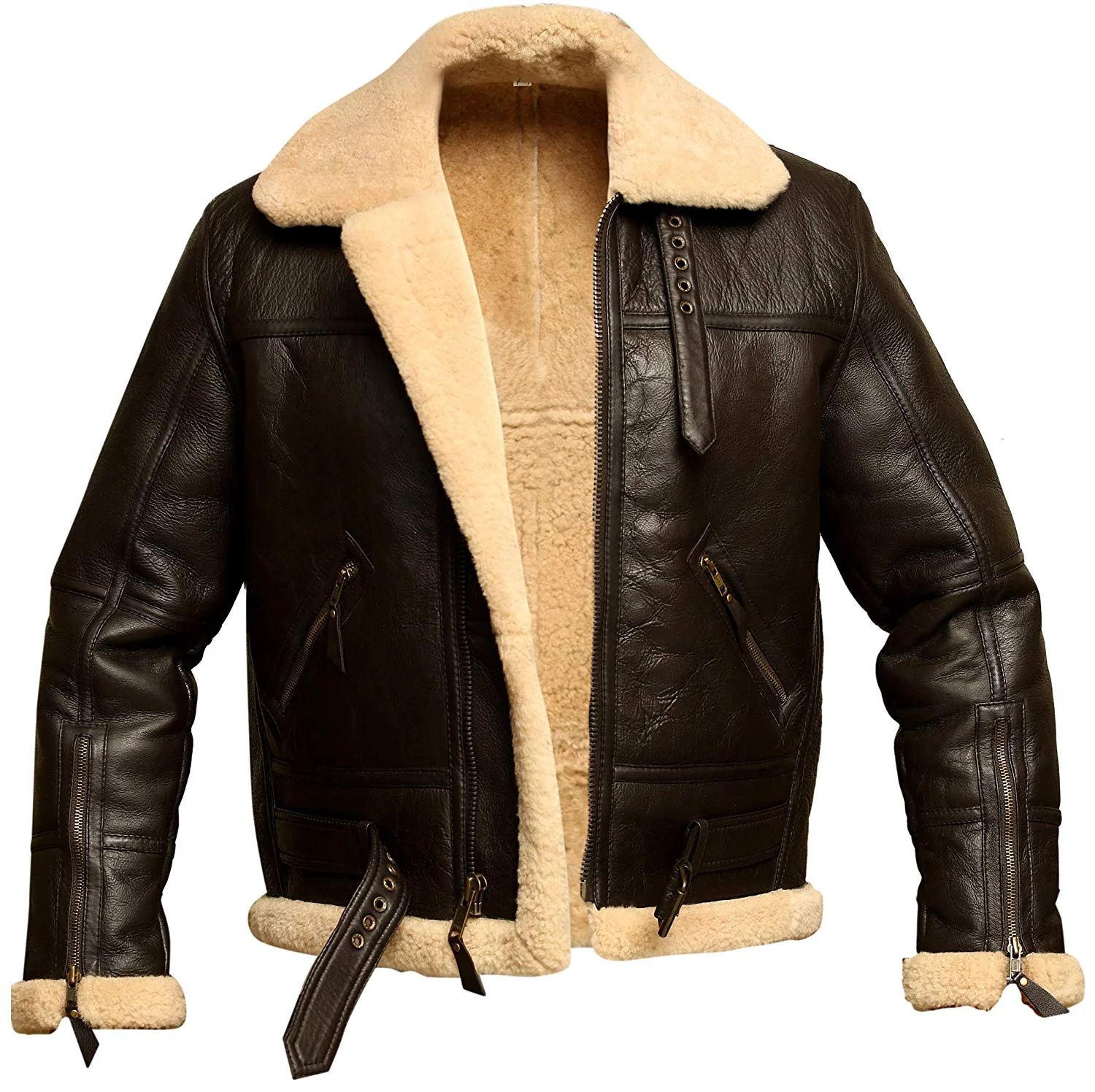 Genuine Men s Brown B3 RAF Aviator Bomber Shearling Sheepskin Leather Jacket Efficient