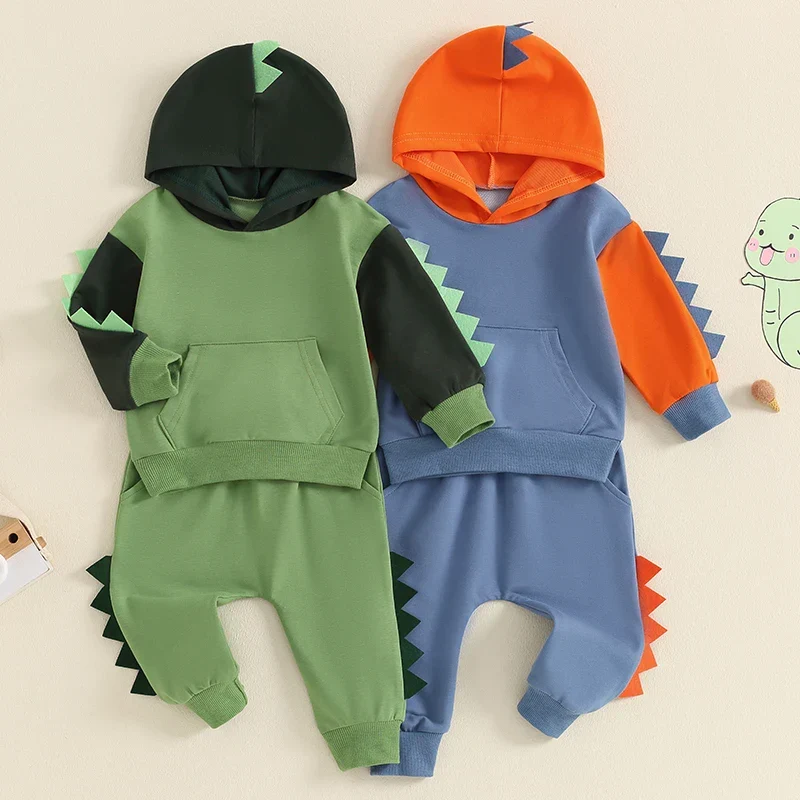 Elite Baby Toddler Boys 2Pcs Dinosaur Outfit Contrast Color Long Sleeve Hoodie Top Elastic Waist Pants SetSPECIFICATIONS Superior