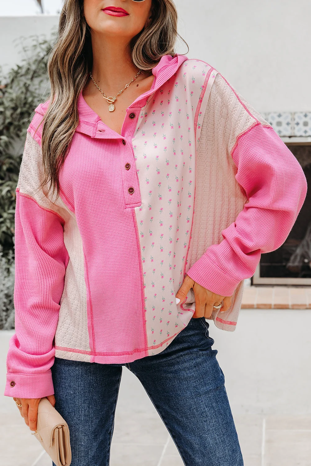 Stylish Threaded Pear Hollievi Patchwork Hooded Oversize Pullover Refined