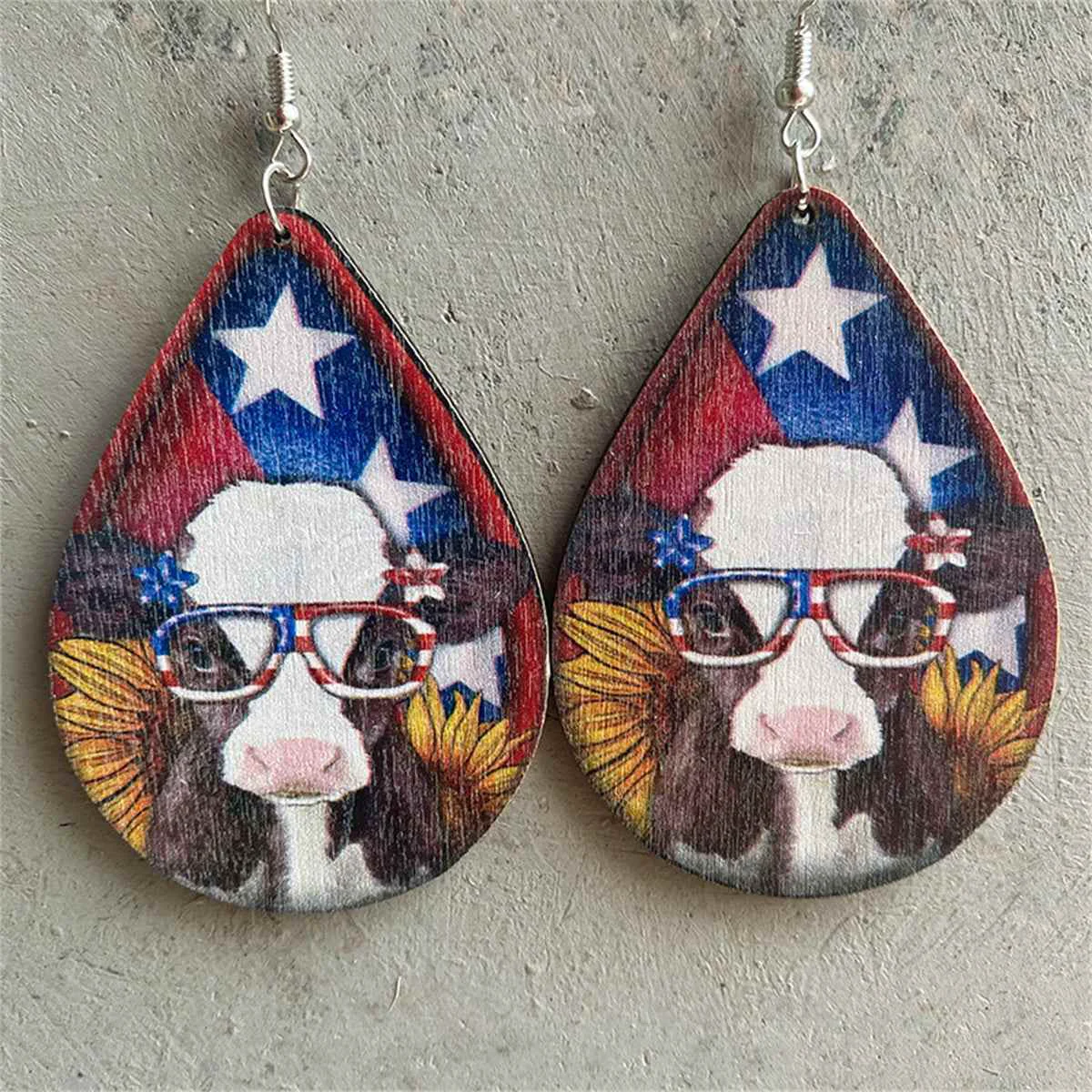 Authentic Blue Multicolor Wood Silvertone Cow Drop Earrings Natural