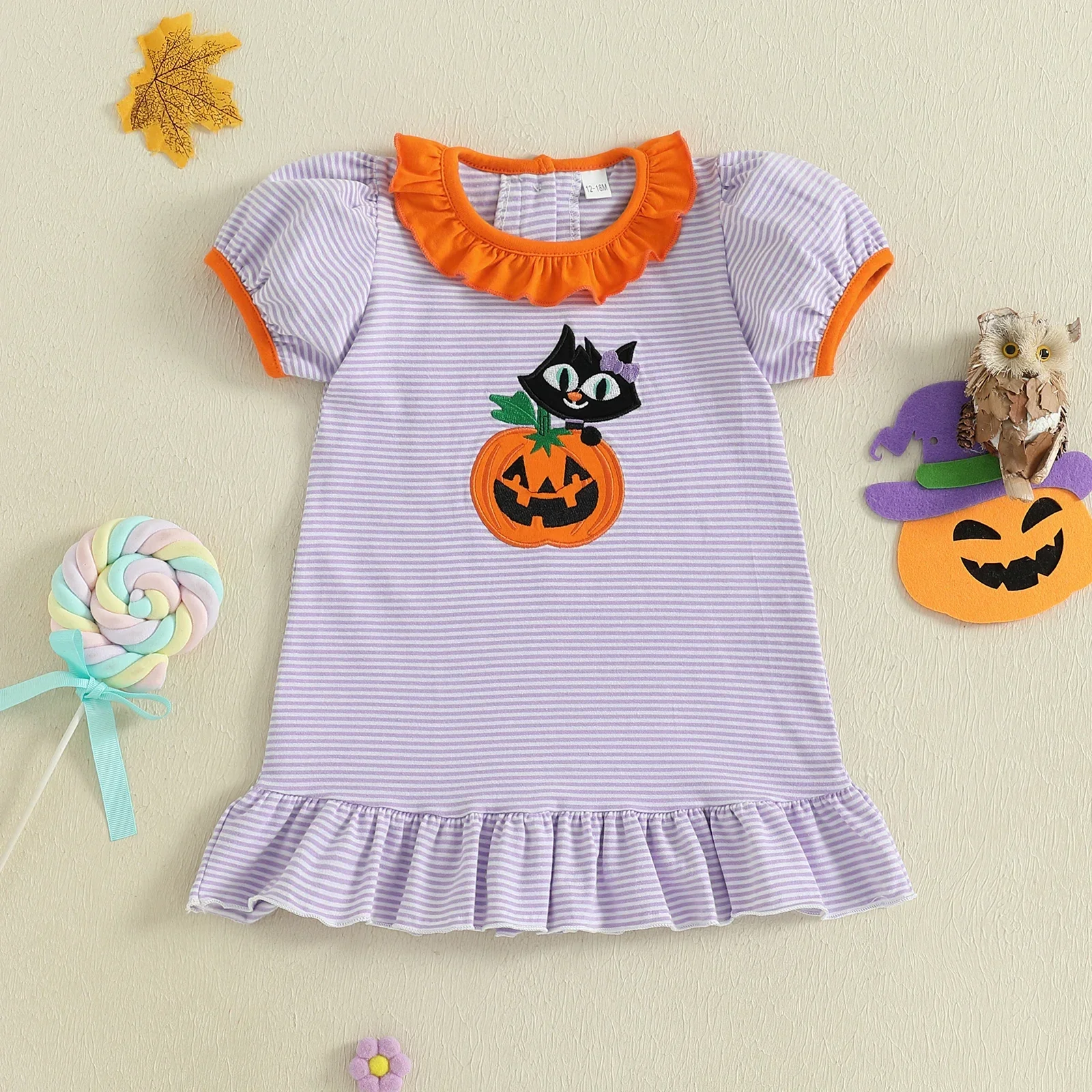 Elegant Baby Toddler Kids Girl Halloween Striped Dress Pumpkin Black Cat Embroidered Short Sleeve Ruffled Dress Cute Fall ClothesSPECIFICATIONS Superior