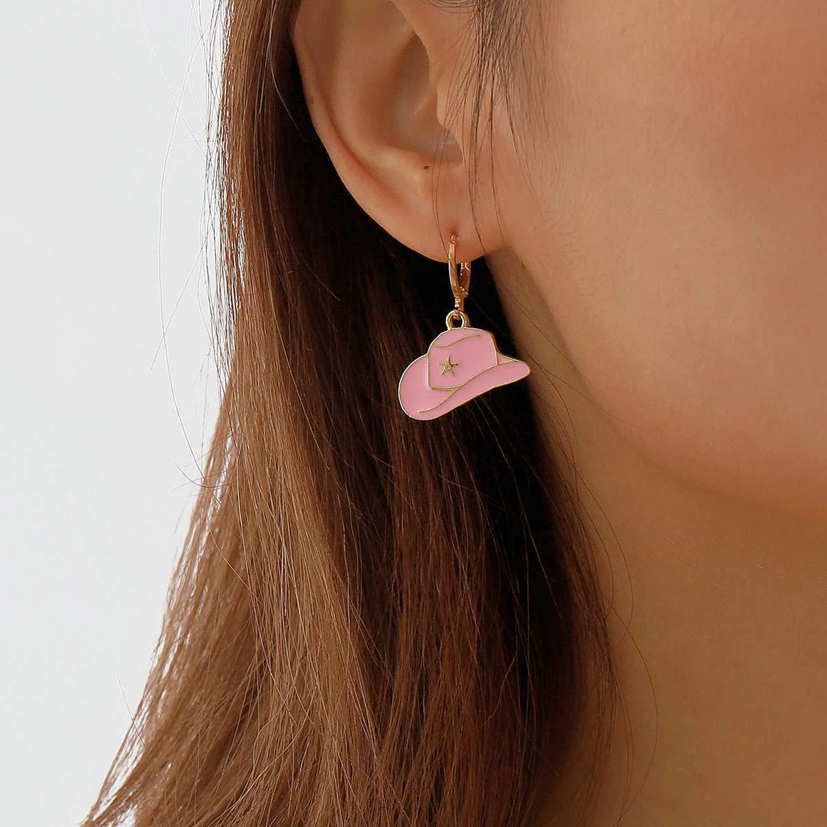 Authentic Pink Enamel Goldtone Cowboy Hat Huggie Earrings Pure