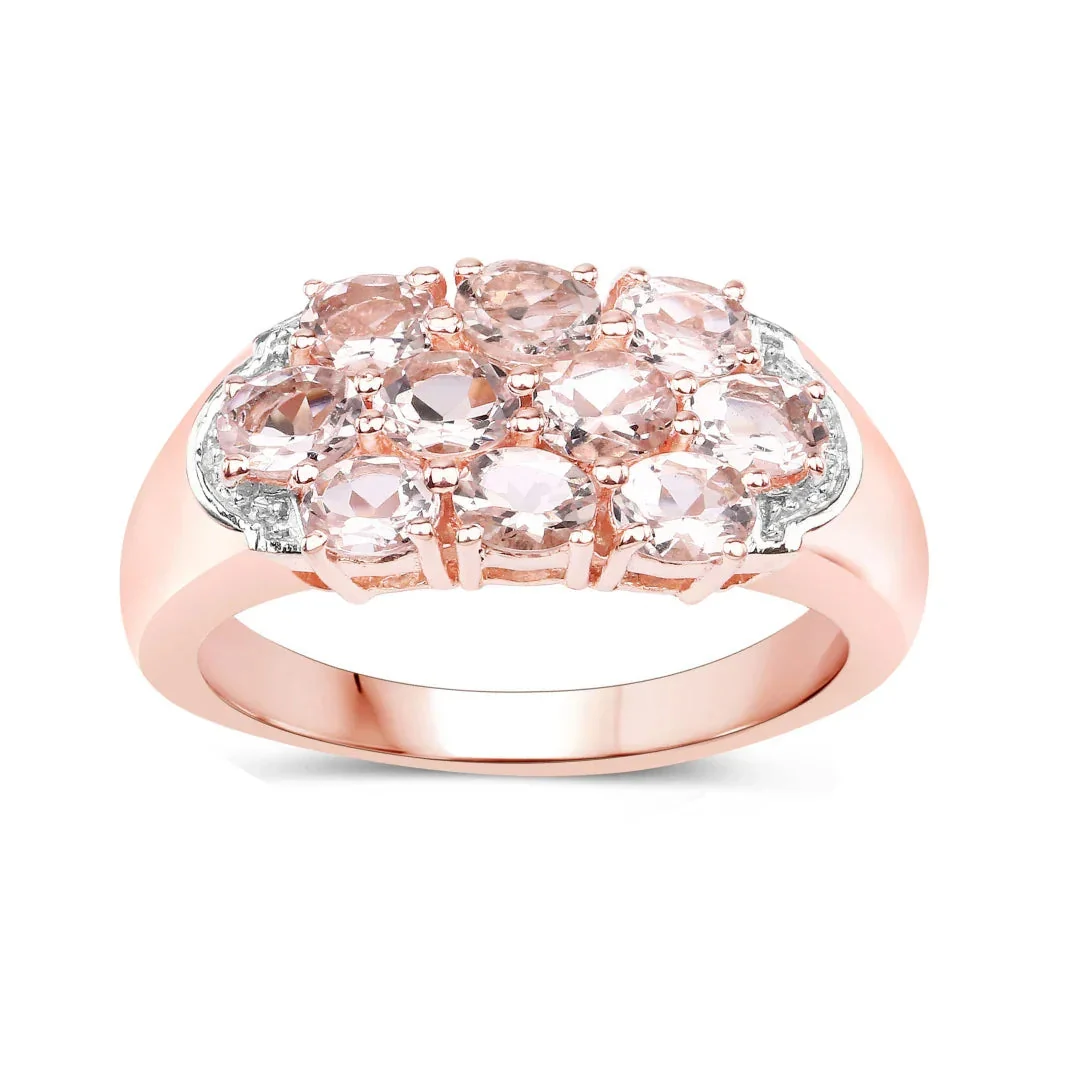 Fine Crafted 1.50 ct Oval Pink Morganite Prong 18K Rose Gold Plated Silver Cluster Ring Authentic