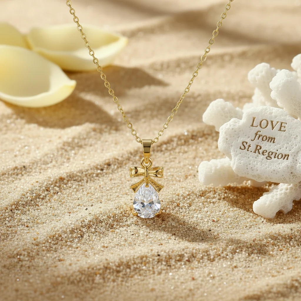 World-Class Pear-cut Crystal Goldtone Bow Pendant Necklace Advanced