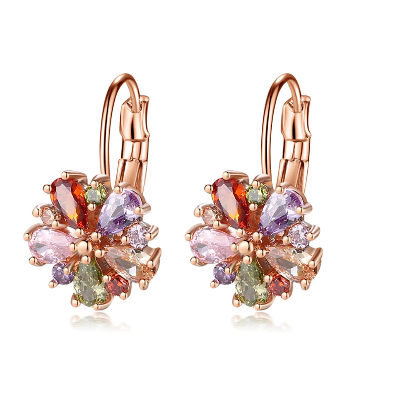 Fine Crafted Eva Sky Squared Rose Goldtone Multi Colored Cubic Zirconia Floral Leverback Earrings Flexible