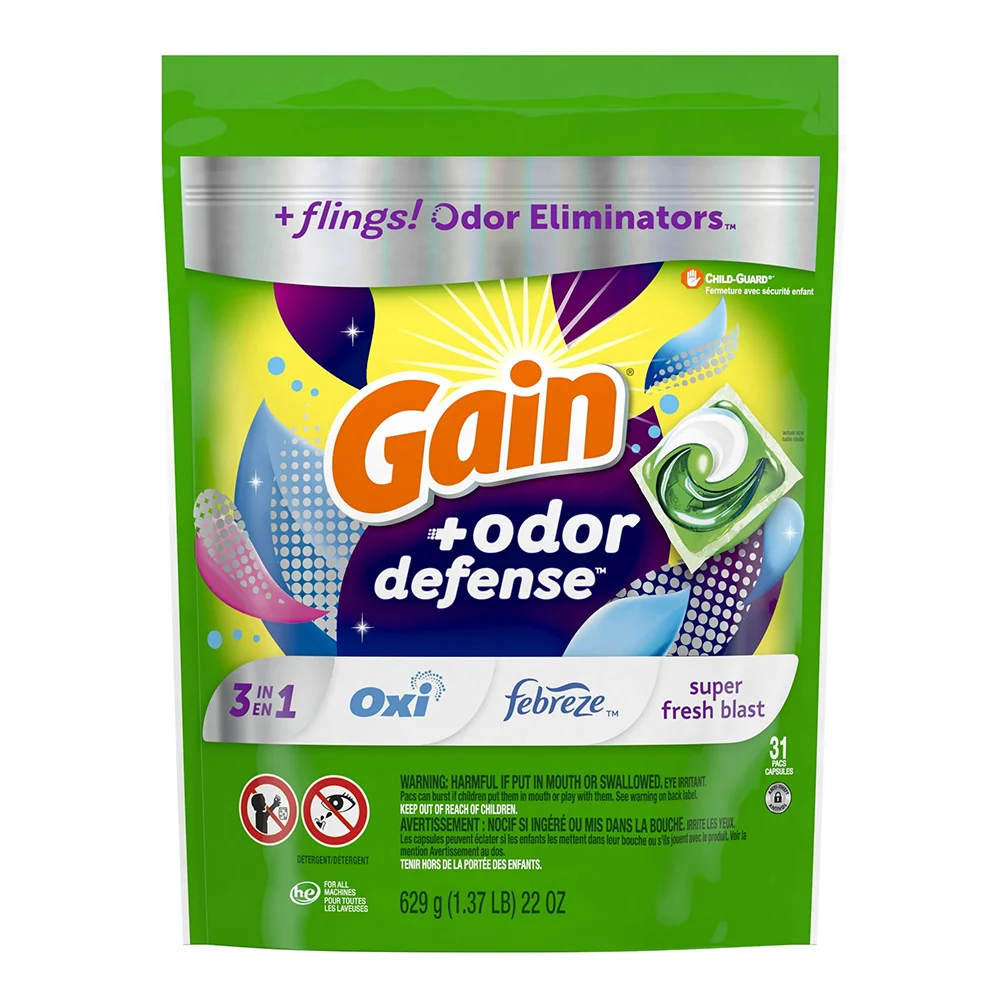 Superior Gain Flings Laundry Detergent Pacs Super Fresh Blast Scent for Odor Defense and Clean Clothes 22Oz 629g 31Ea Effective