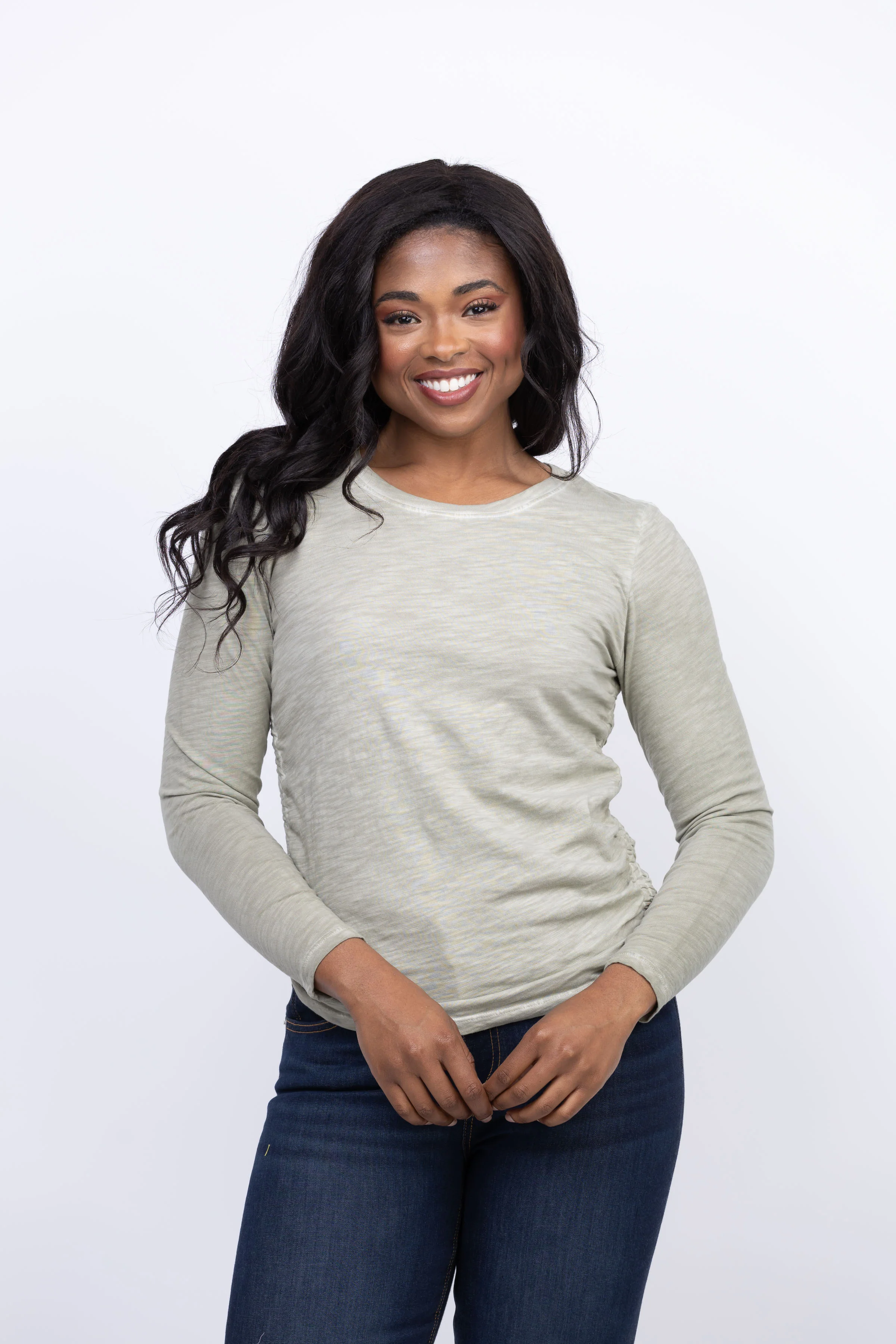 Environmentally Friendly Elliott Lauren Side Rushed Long Sleeve Top in Thyme Premium