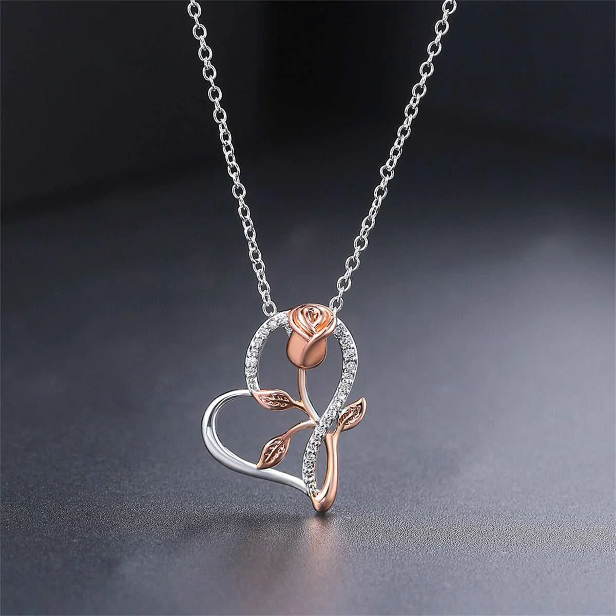 Artisan Cubic Zirconia Two-Tone Floral Heart Pendant Necklace High-Grade
