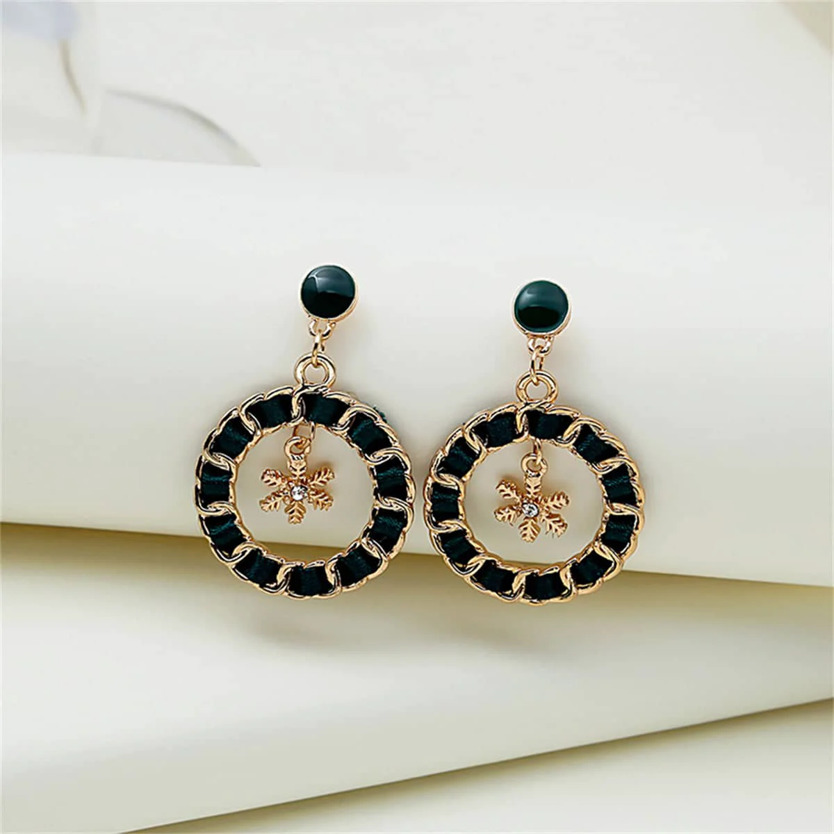 Versatile Black Ribbon Enamel Goldtone Snowflake Drop Earrings Minimalist