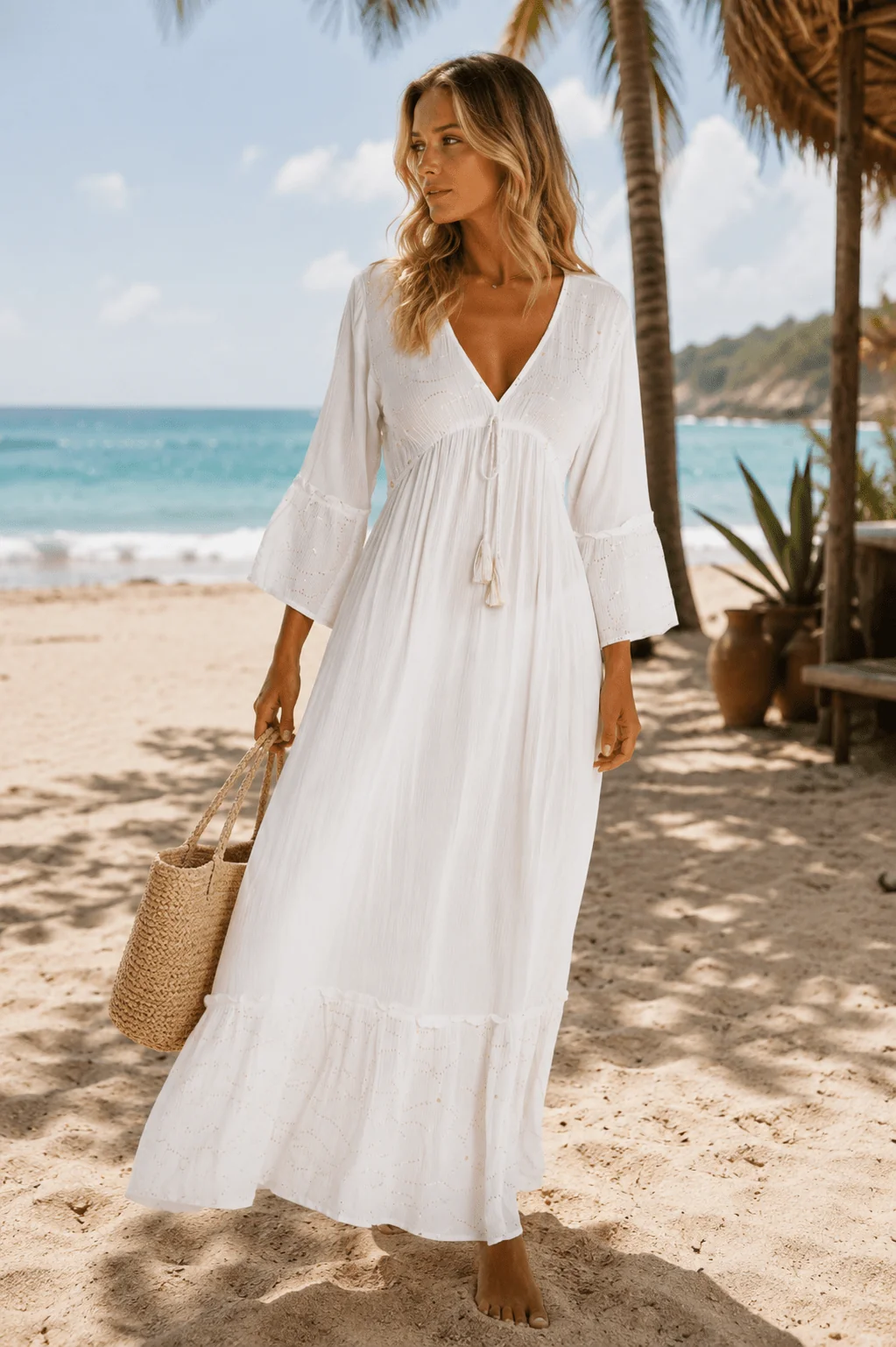 Convenient Club Moda Women's White Maxi Dress – Boho Maxi Resort Vacation Dress Premium Material