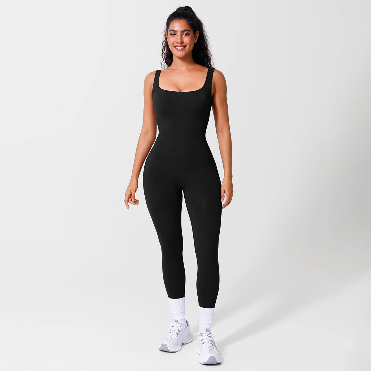 Classic BRXL Women's Seamless Square Neck Tummy Control One-Piece Sport Jumpsuit - Black Exclusive