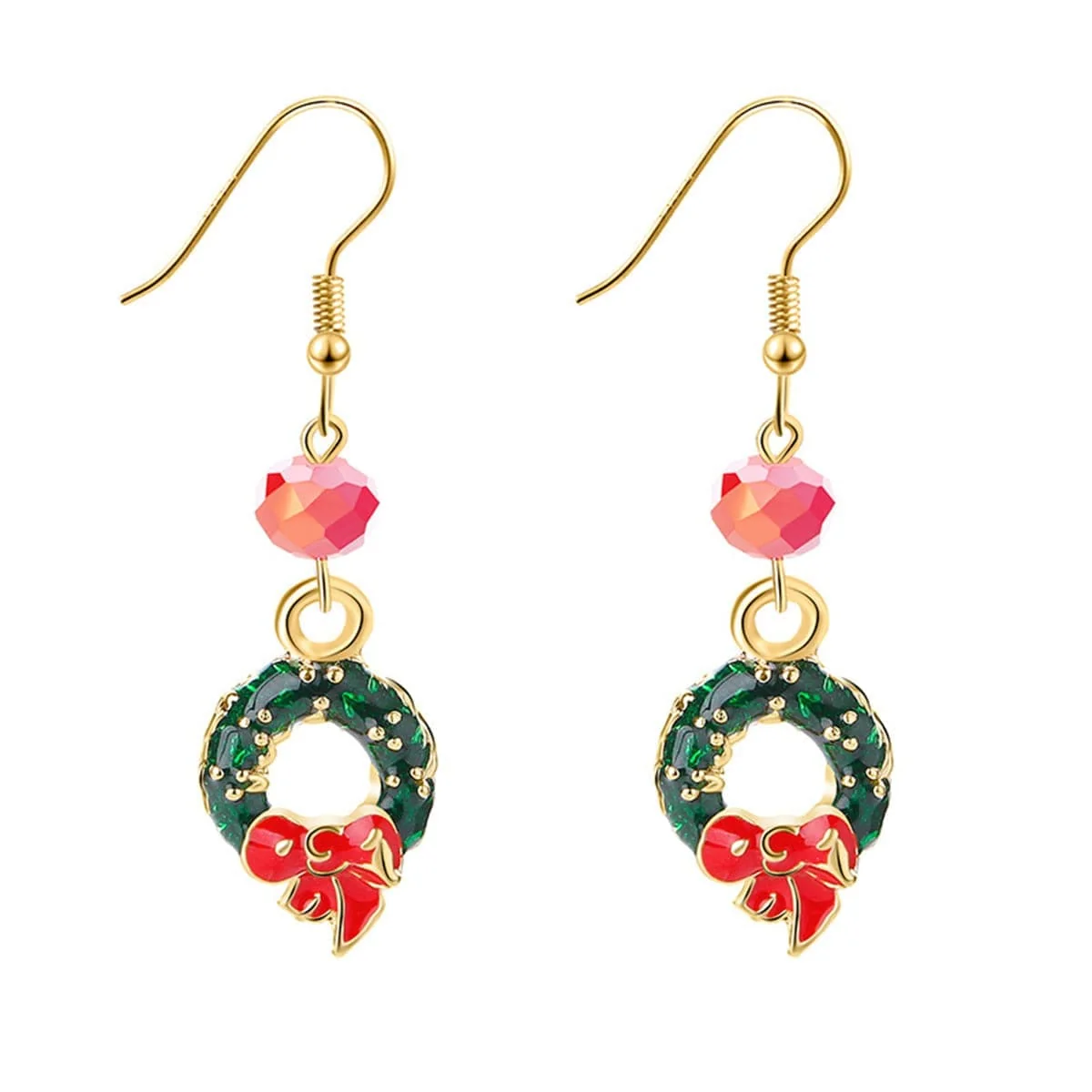 Advanced Green Pink Enamel Goldtone Bow Wreath Drop Earrings Contemporary
