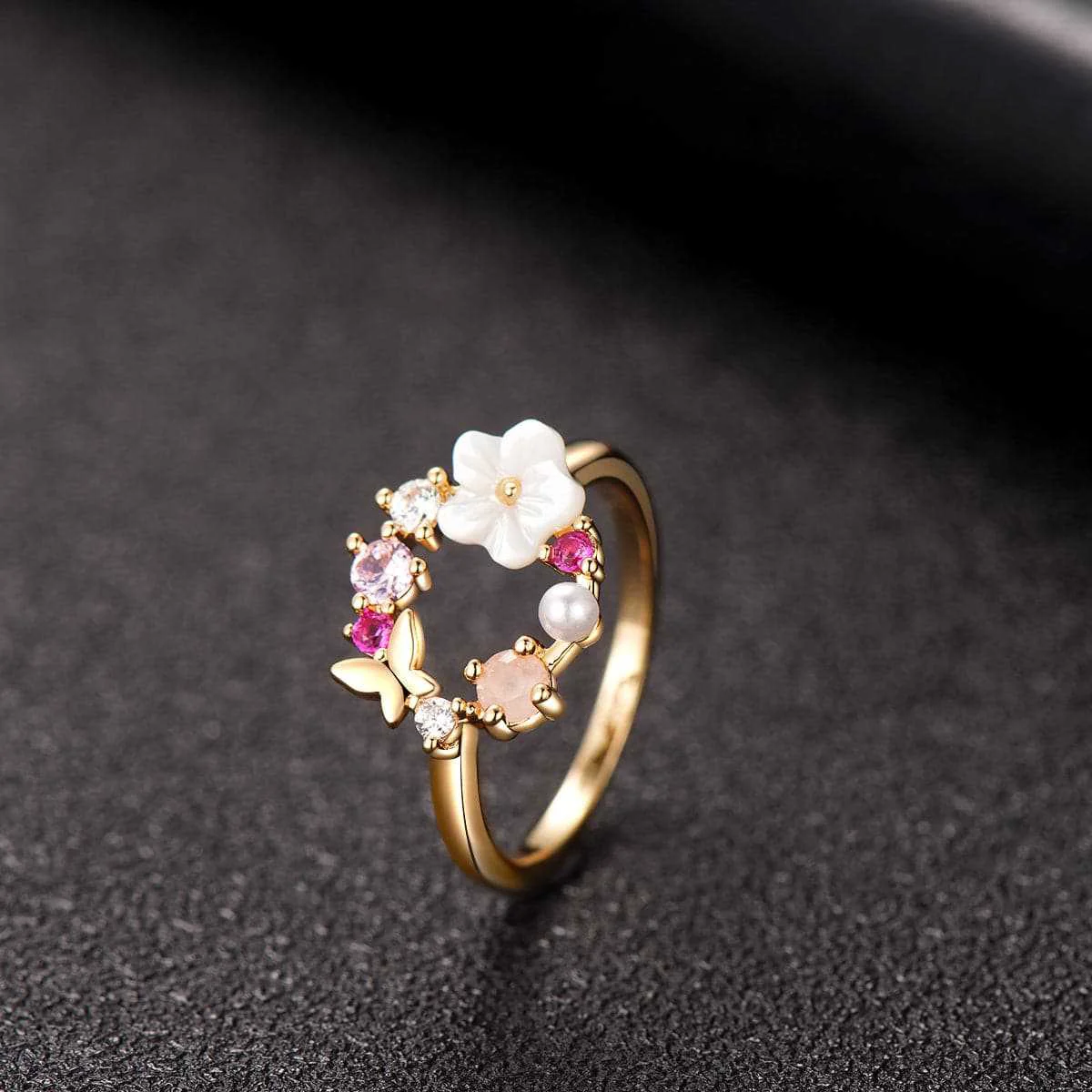 Verified Opal Pearl Goldtone Floral Open-Circle Ring Comfortable