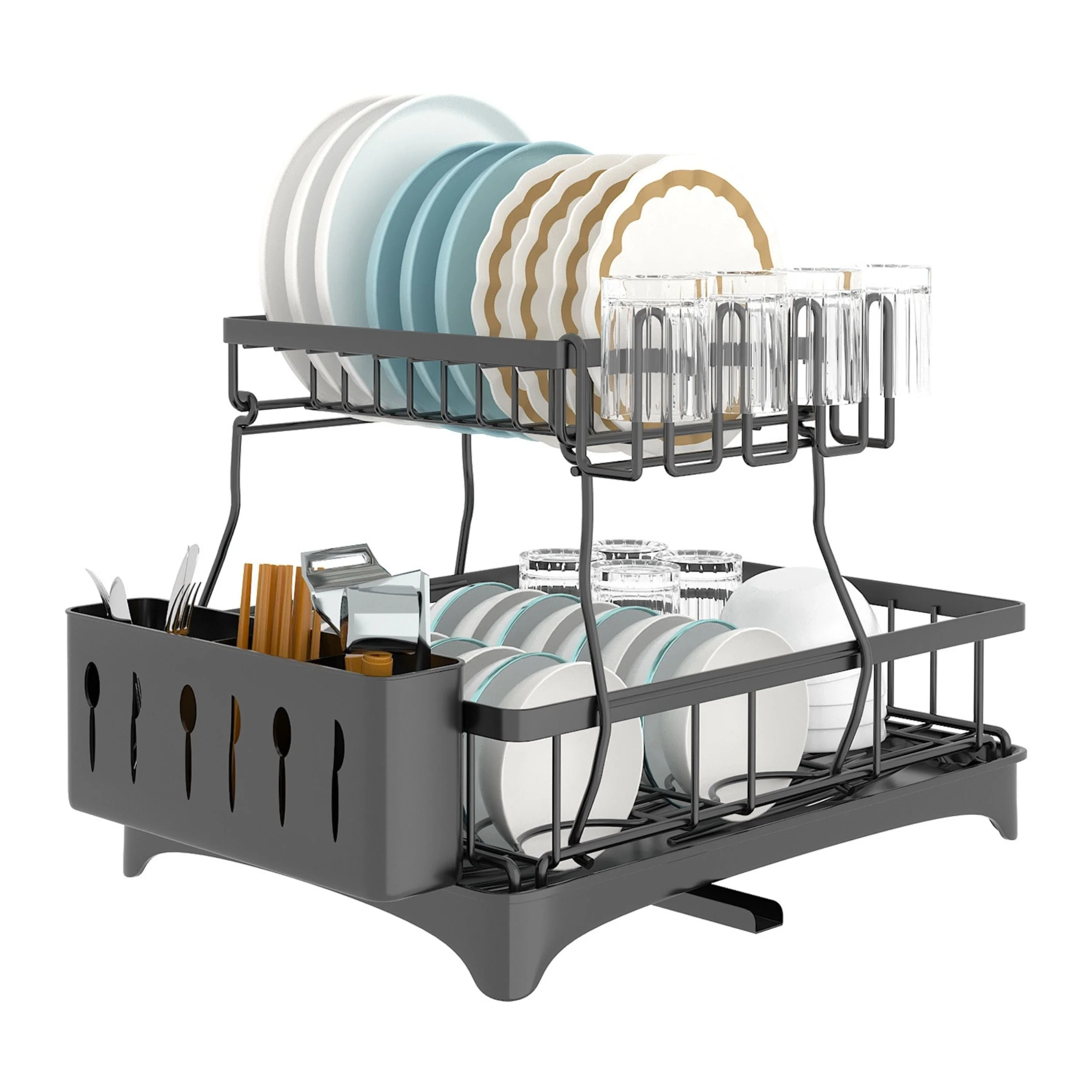 Stylish 2-Tier Dish Drying Rack with Detachable Drainboard Utensil Holder Cup Rack Swivel Spout - Kitchen Counter Organizer Relaxed
