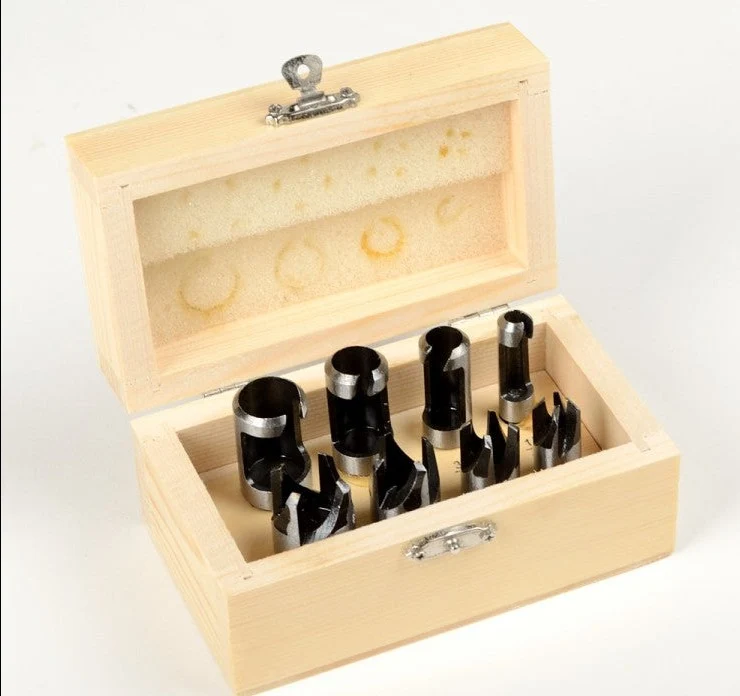 Fine Crafted 8 Piece Wood Plug Cutter Cutting Tool Drill Bit Set Straight and Tapered Taper Enhanced