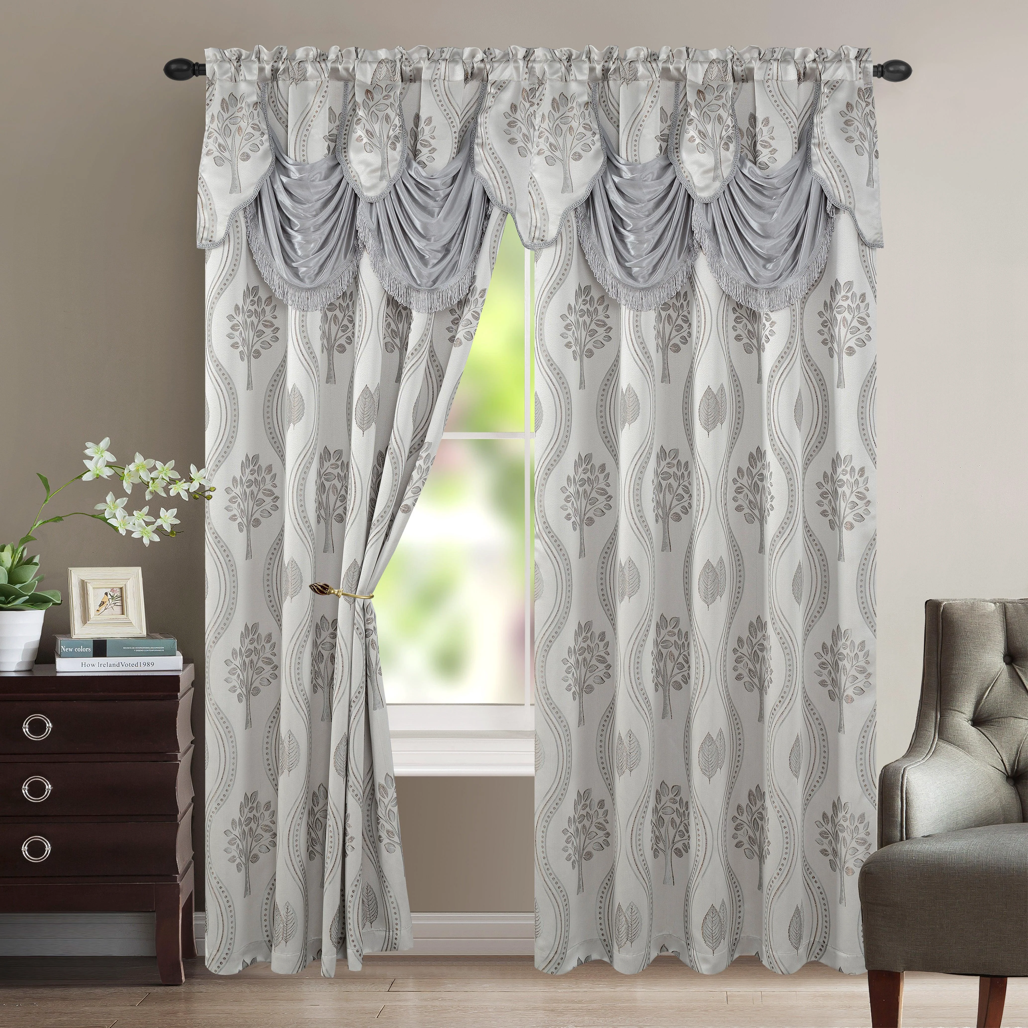 Convenient Elegant Comfort Set of 2 Aurora Curtain Panels- Attached Valance - Rod Pocket- 54 W x 84 L Modern