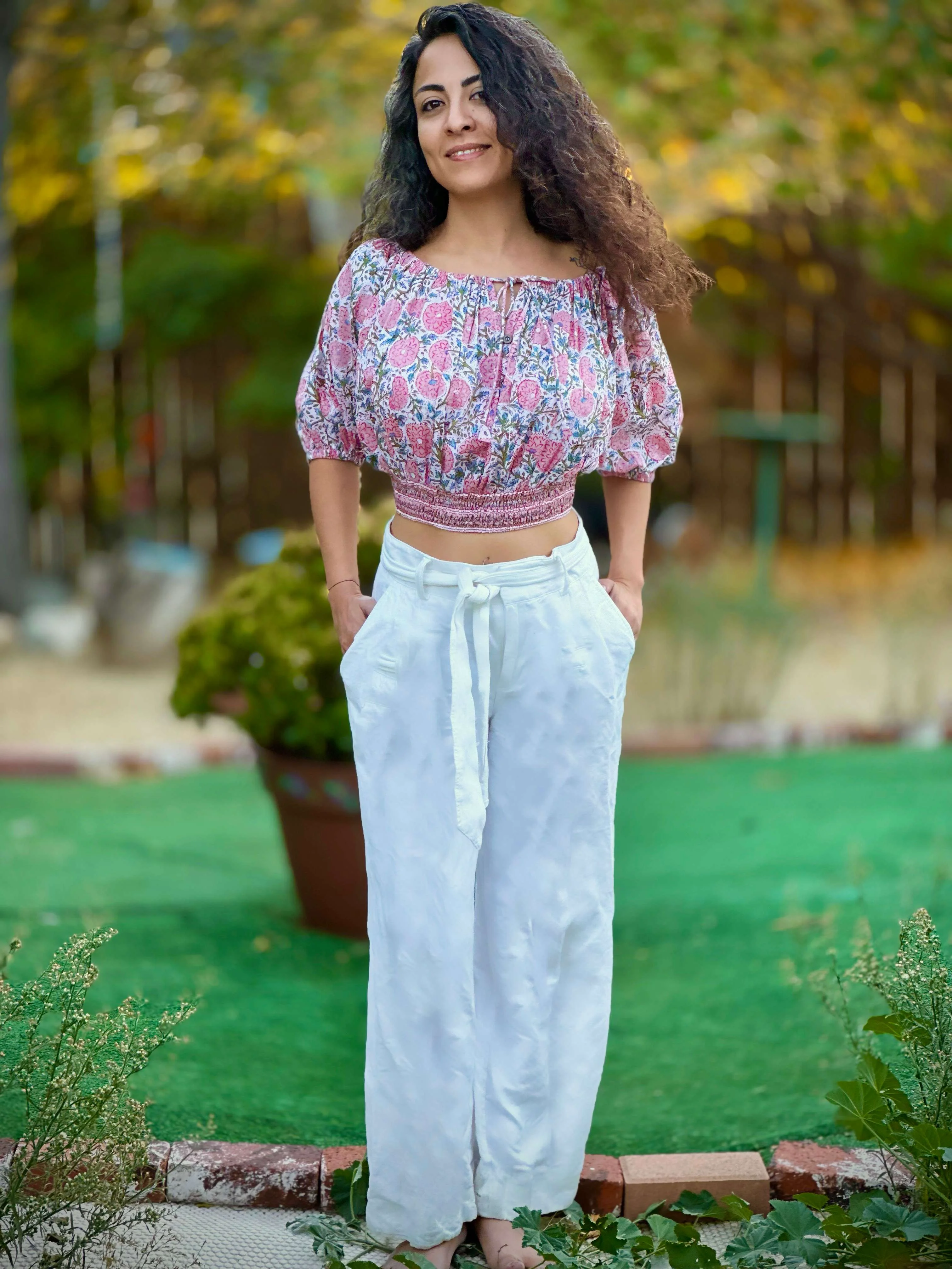 Trusted La Chic Women's Floral Cotton Peasant Top with Smocked Waist Recyclable
