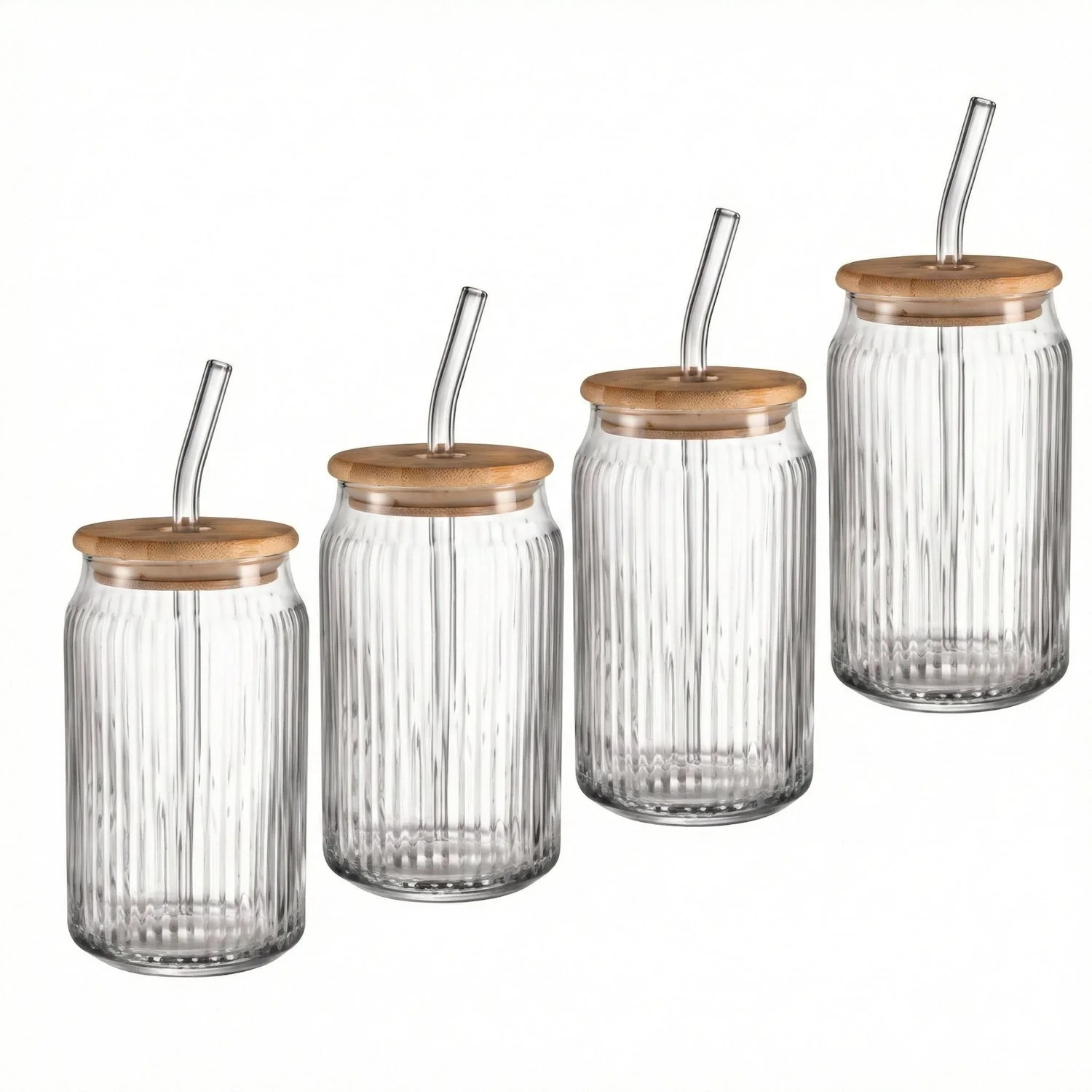Sustainable Jay Companies Set Of 4 Ribbed Glass Sippers - 18Oz. With Bamboo Lid Easy-to-Use