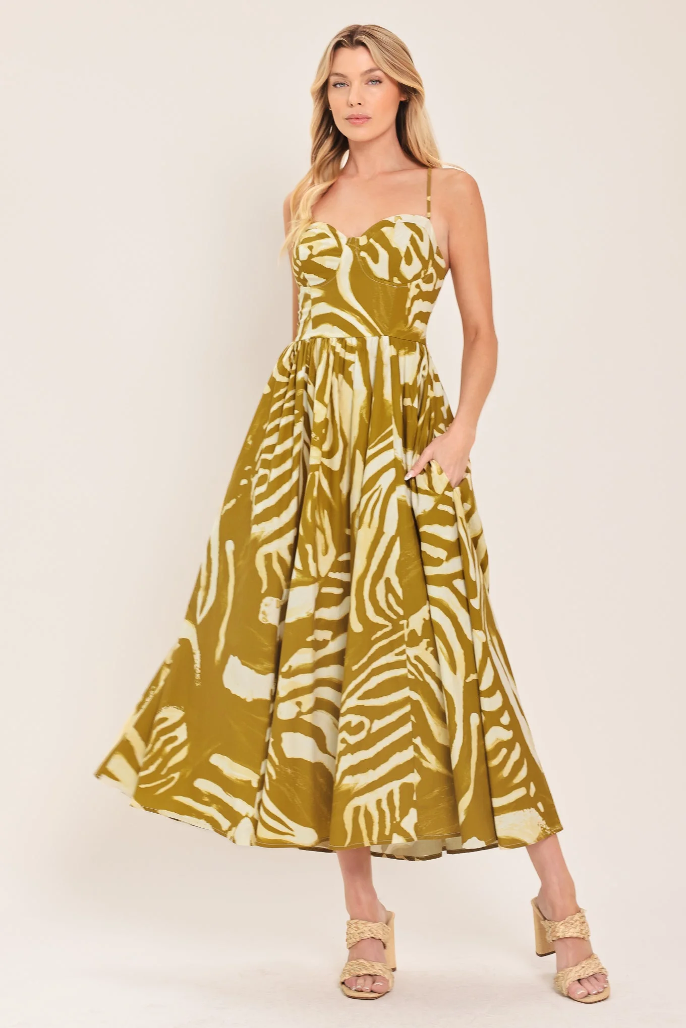 Soft Golden Palm Escape Woven Midi Dress Dependable