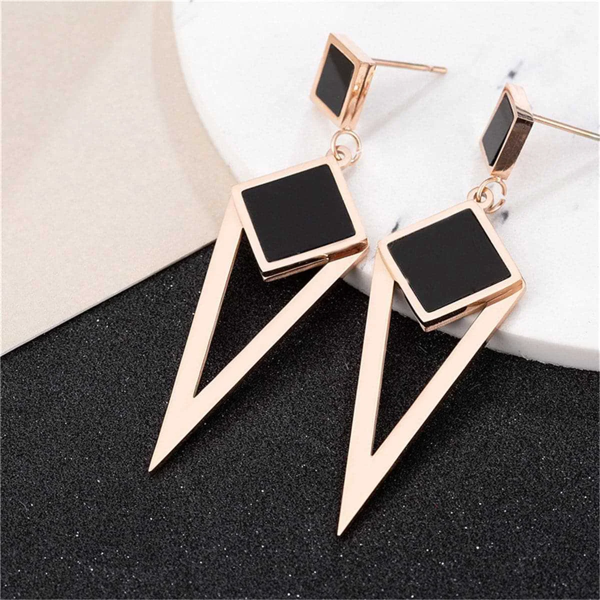 Verified Black Rose Goldtone Geometric Openwork Drop Earrings Original