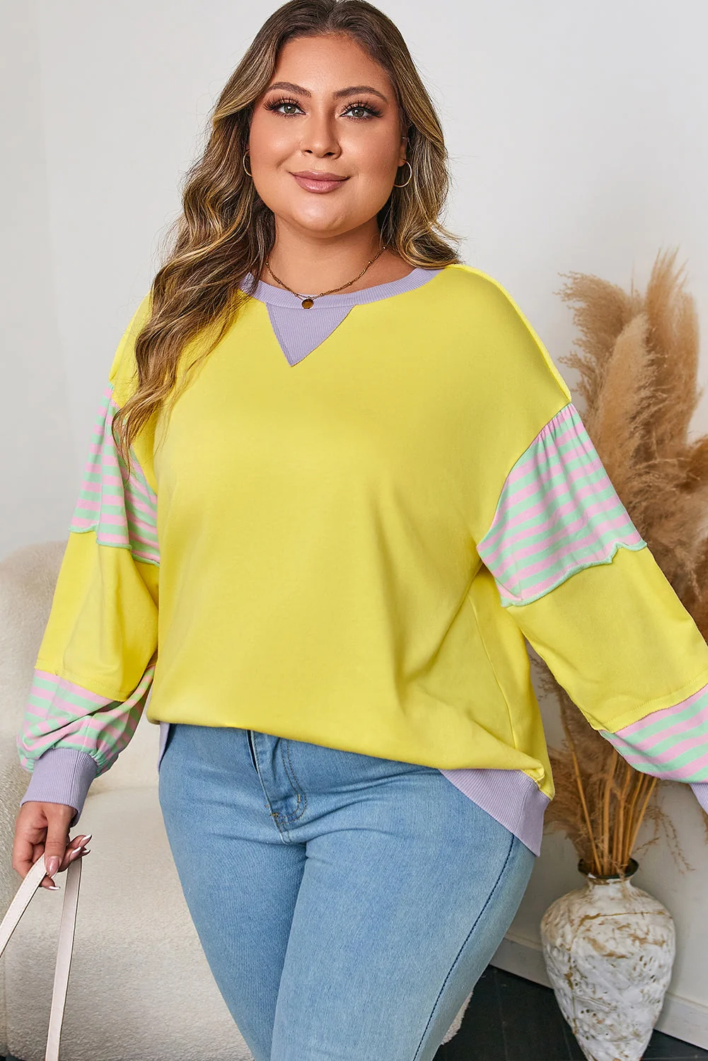 Convenient Threaded Pear Yellow Striped Color Block Patchwork Crewneck Plus Size Pullover Sweatshirt High-End