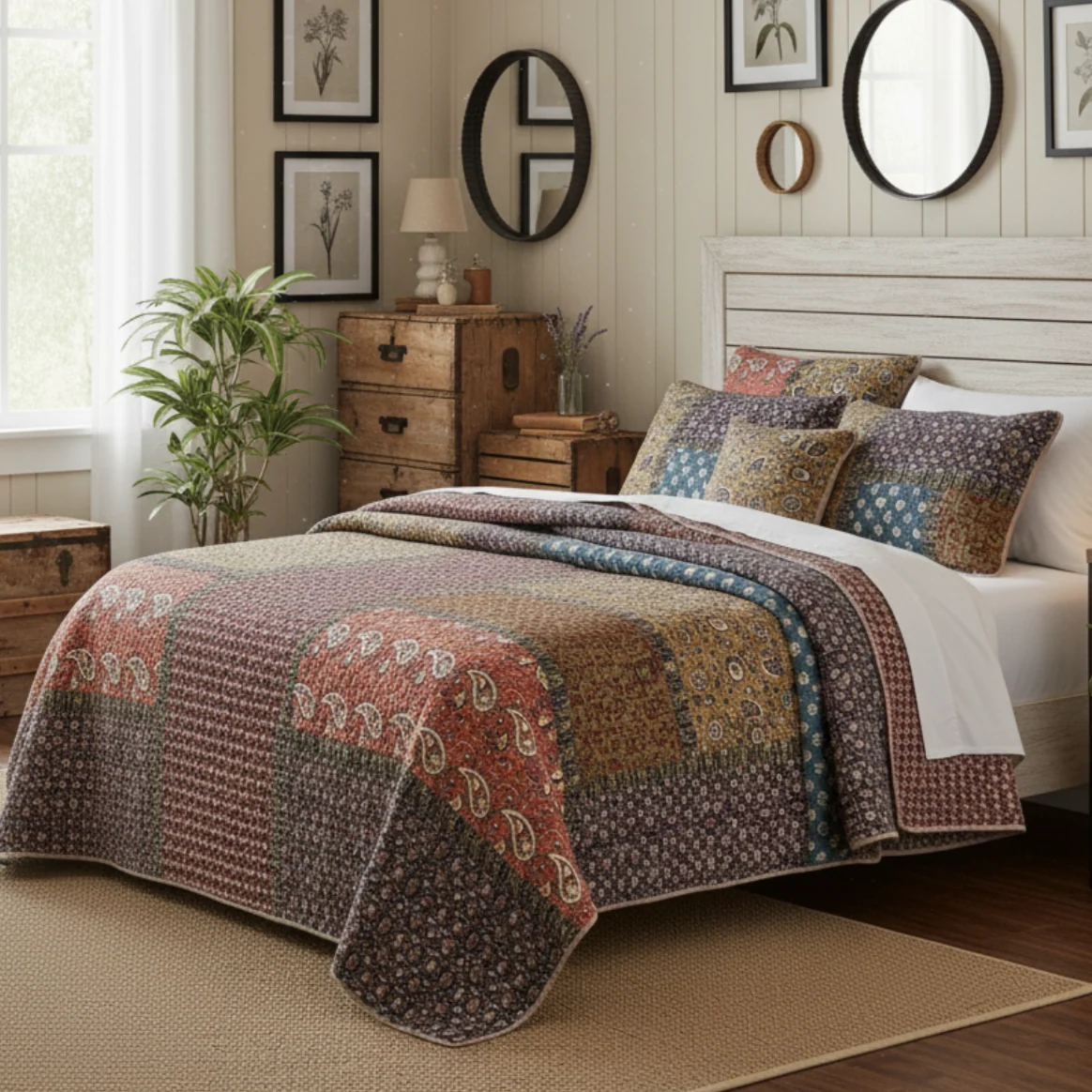 Top-Quality Tache Sunset Blooms Floral Patchwork Cotton Multi color Bedspread Quilt Set JHW-825 Durable