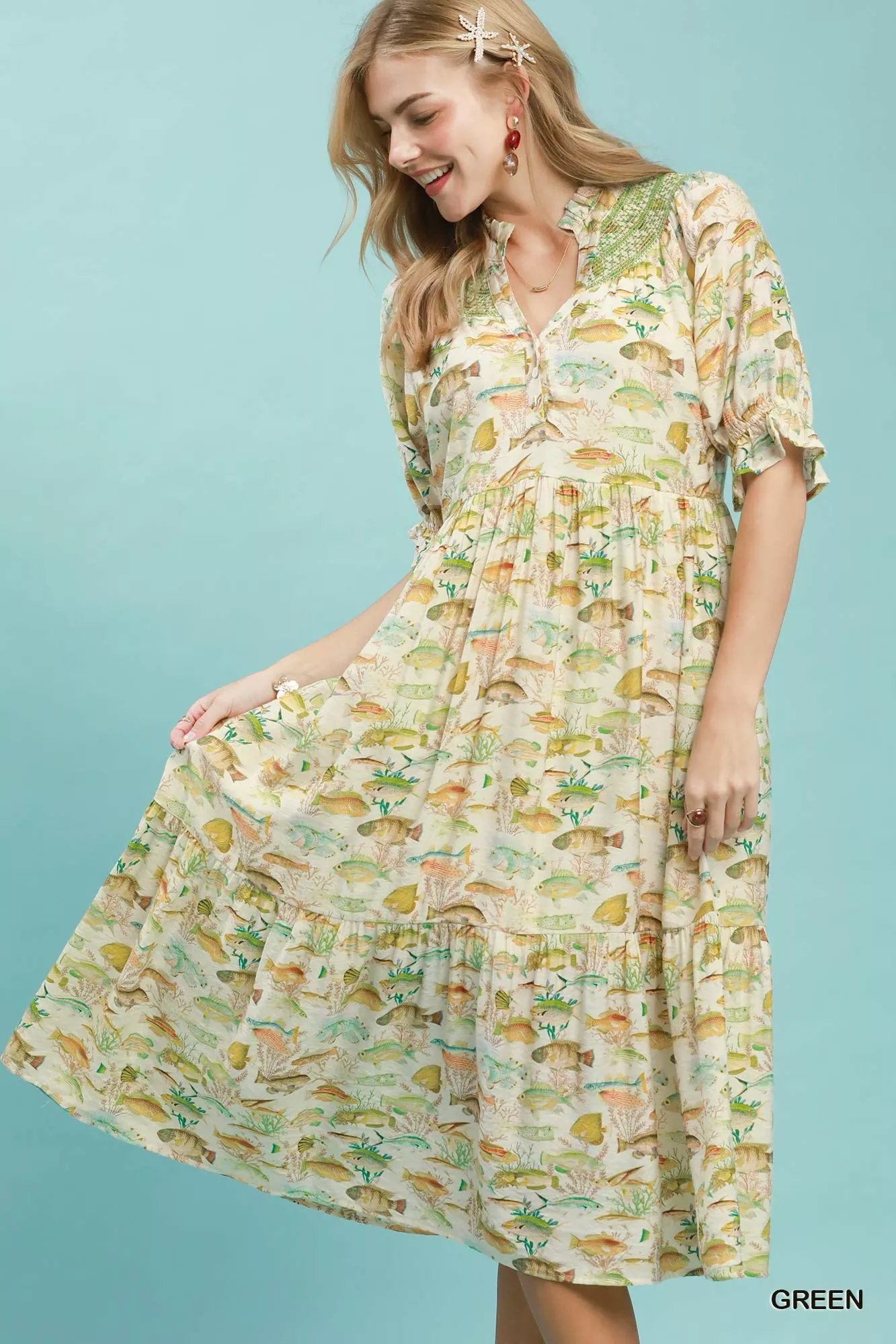 Eco-Friendly Umgee Print Tiered Midi Dress in Green Quality