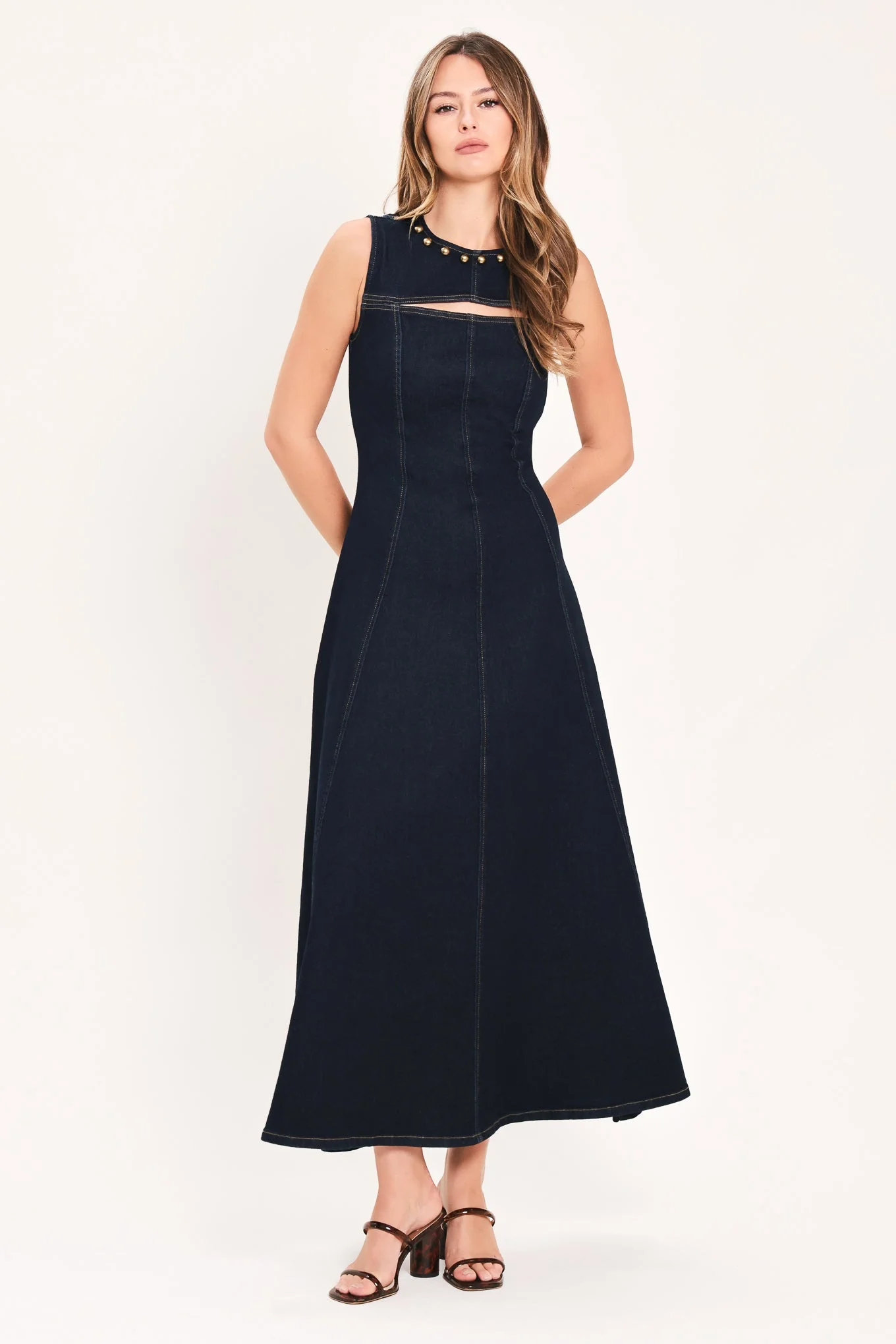 Classic Midnight Golden Secret Denim Maxi Dress Contemporary