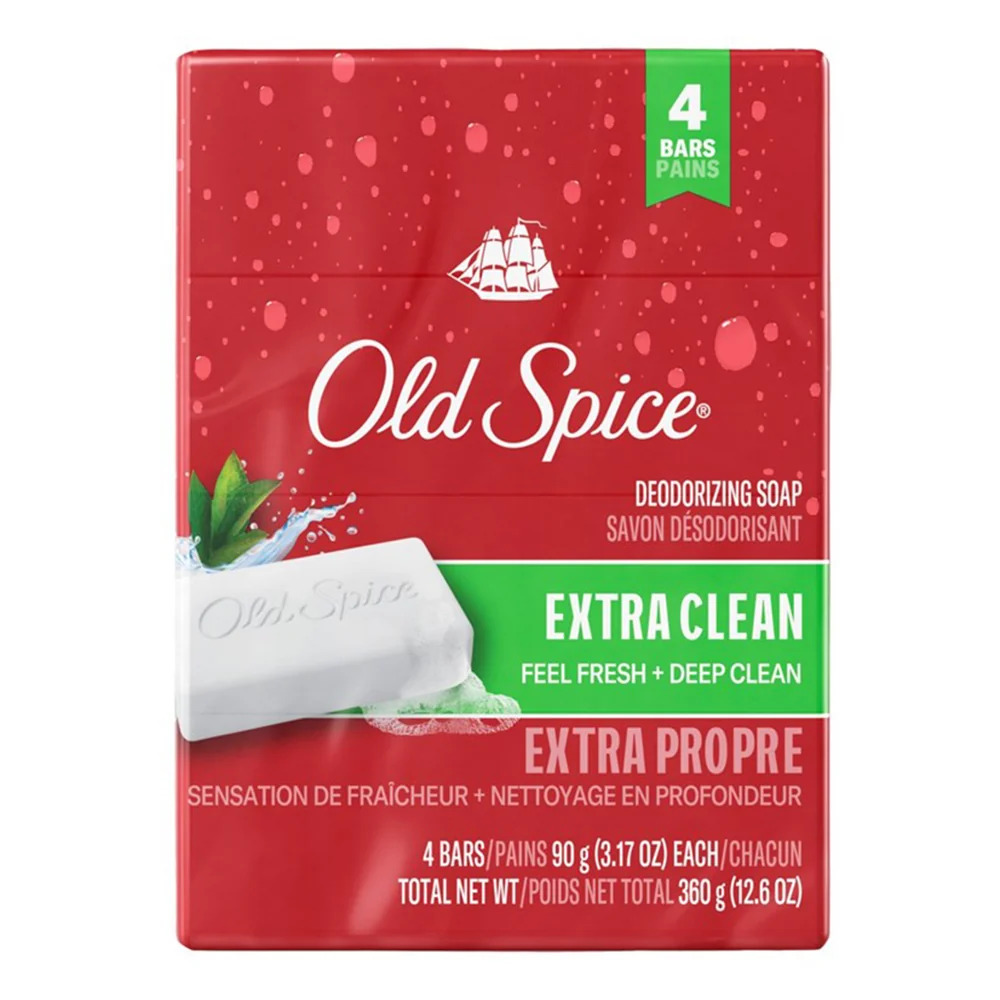Long-Lasting Old Spice Bar Soap Extra Clean Feel Fresh and Deep Clean Deodorizing Soap 3.17Oz 90g 4Ea Environmentally Friendly