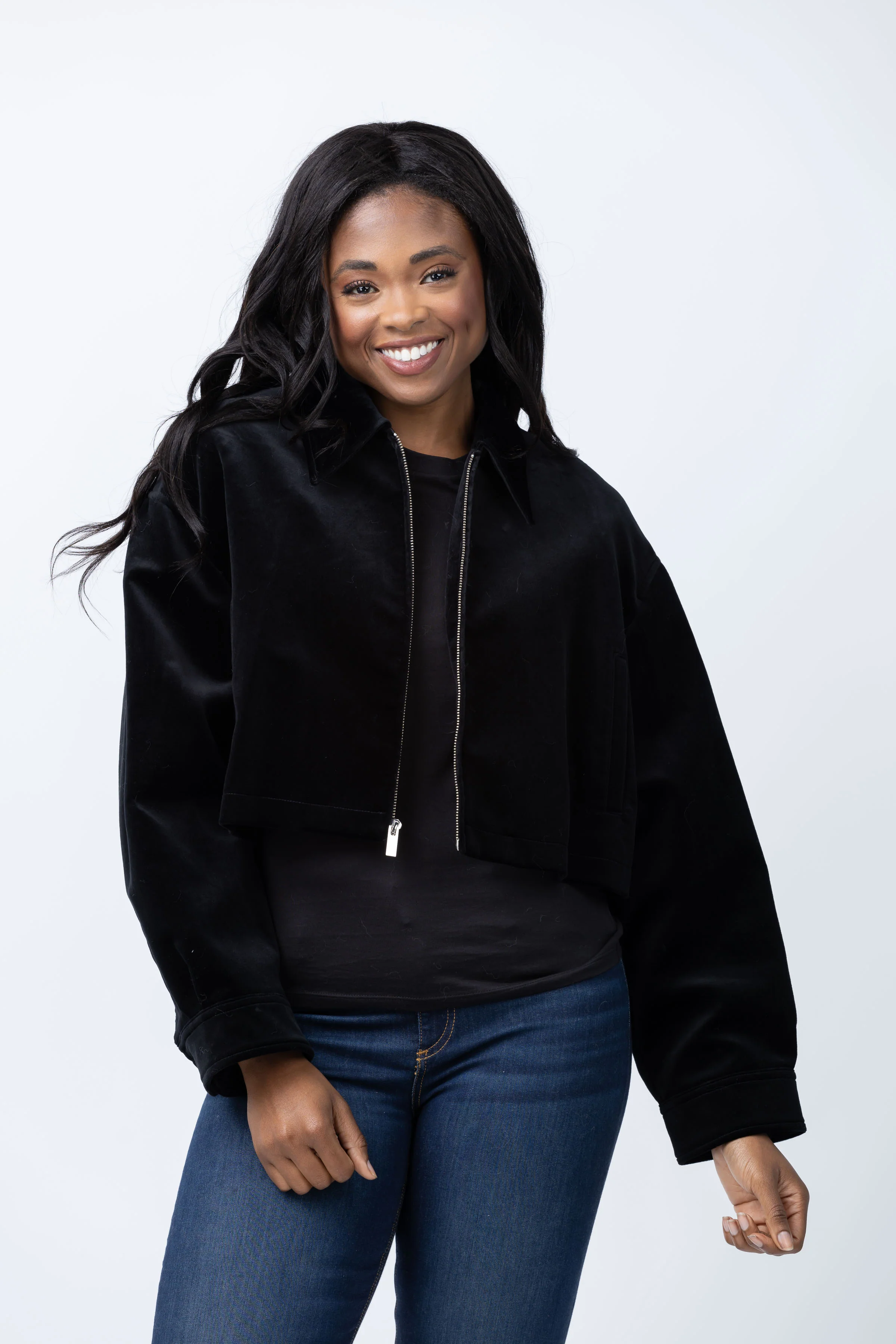 Solid Theory Aline Stretch Velvet Zip Jacket in Black Versatile