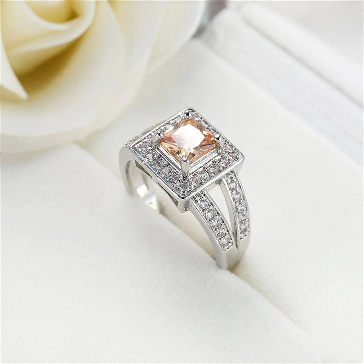 Prestigious Champagne Crystal Silvertone Square Hola Ring Exclusive