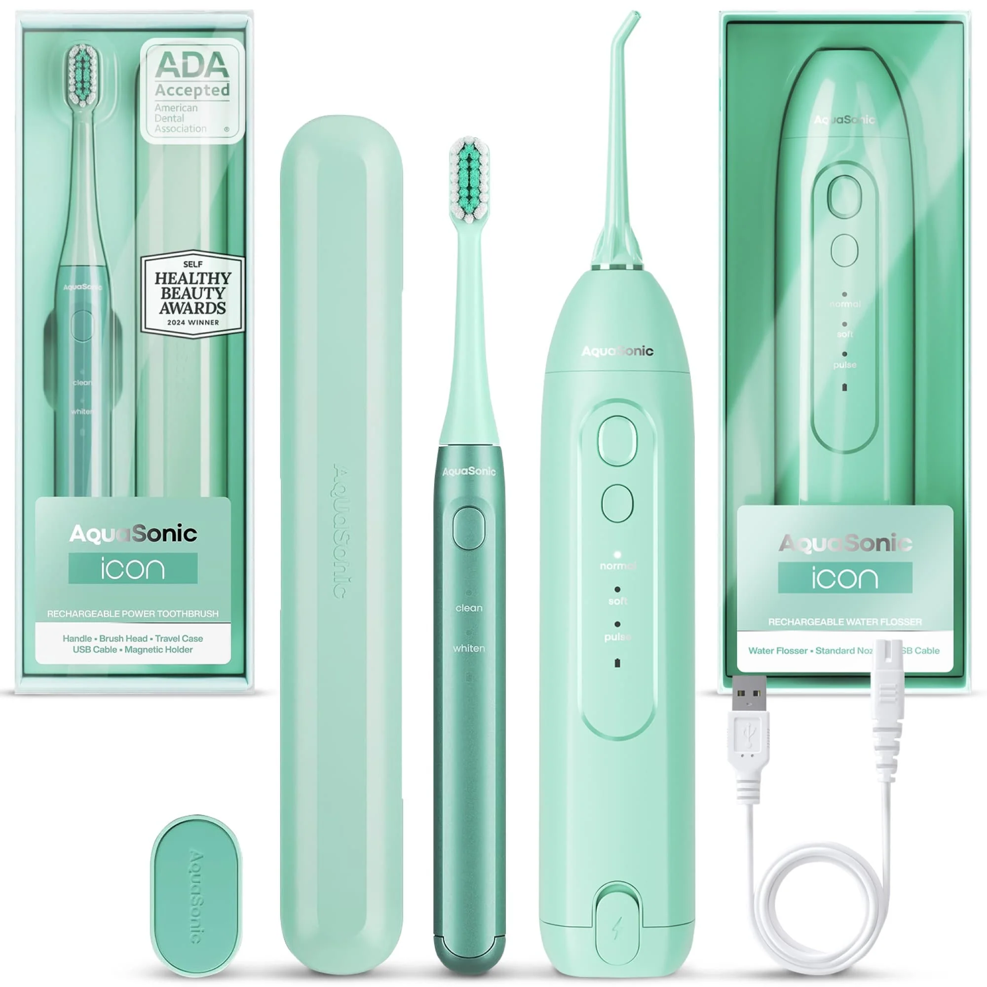 Eco-Friendly AquaSonic ICON Toothbrush Flosser Bundle Genuine