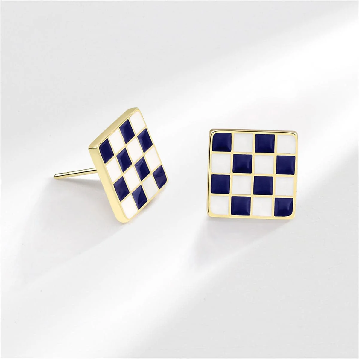 Artisan Blue Enamel Goldtone Plaid Square Stud Earrings User-Friendly
