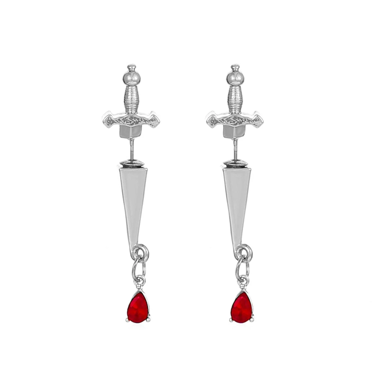 Stylish Red Crystal Silvertone Sword Ear Jackets Smooth