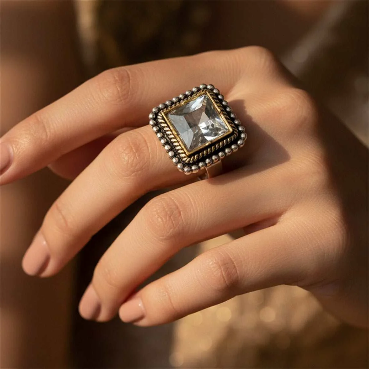 Durable Crystal Silvertone Radiant-Cut Twine Square Open Ring Environmentally Friendly