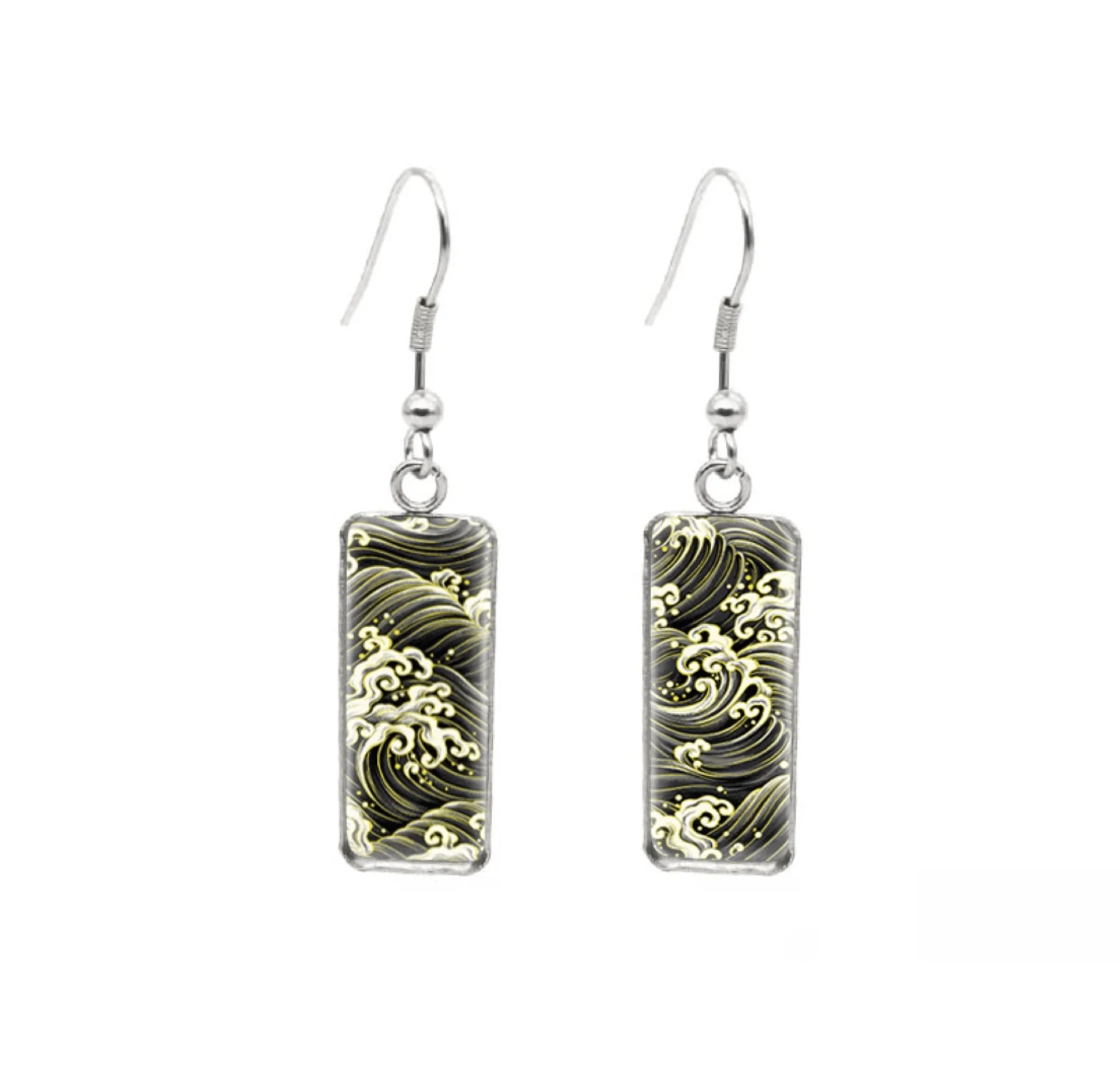 Versatile Don't AsK Rectangular Art-Print Drop Earrings – Black Green Wave – Lightweight Dangle Earrings for Women Artisan
