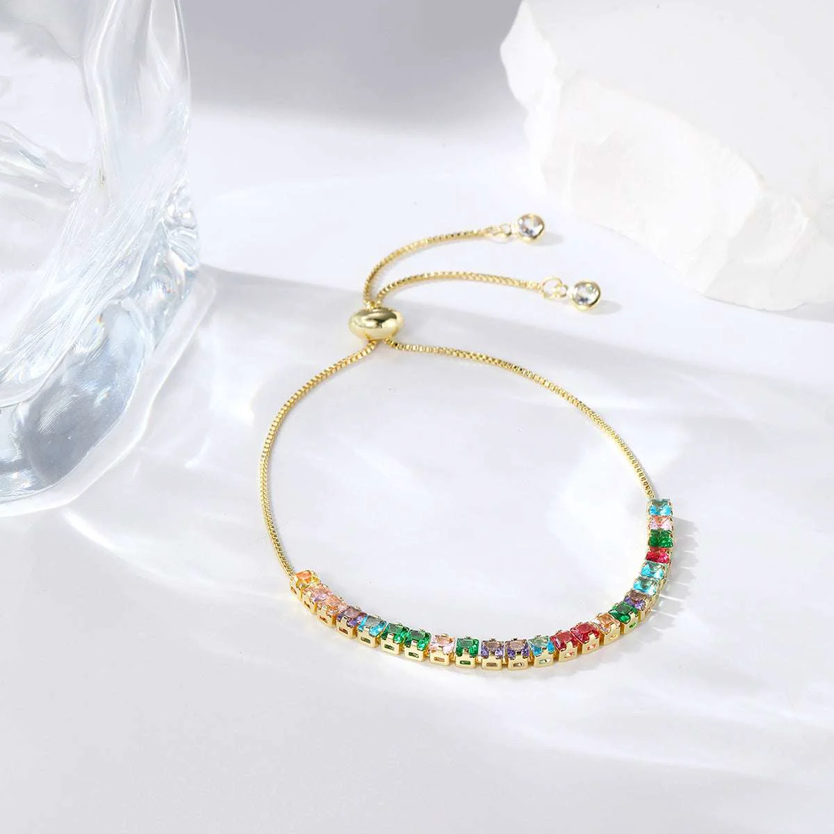 Green Crystal Goldtone Square Adjustable Bracelet Top-Quality