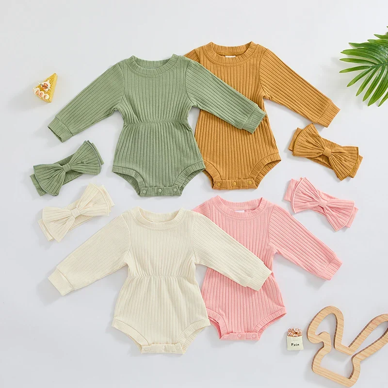 Original Baby Girls Spring Fall Solid Color Round Neck Long Sleeve Ribbed Romper Bow Headband SetSPECIFICATIONS Classic