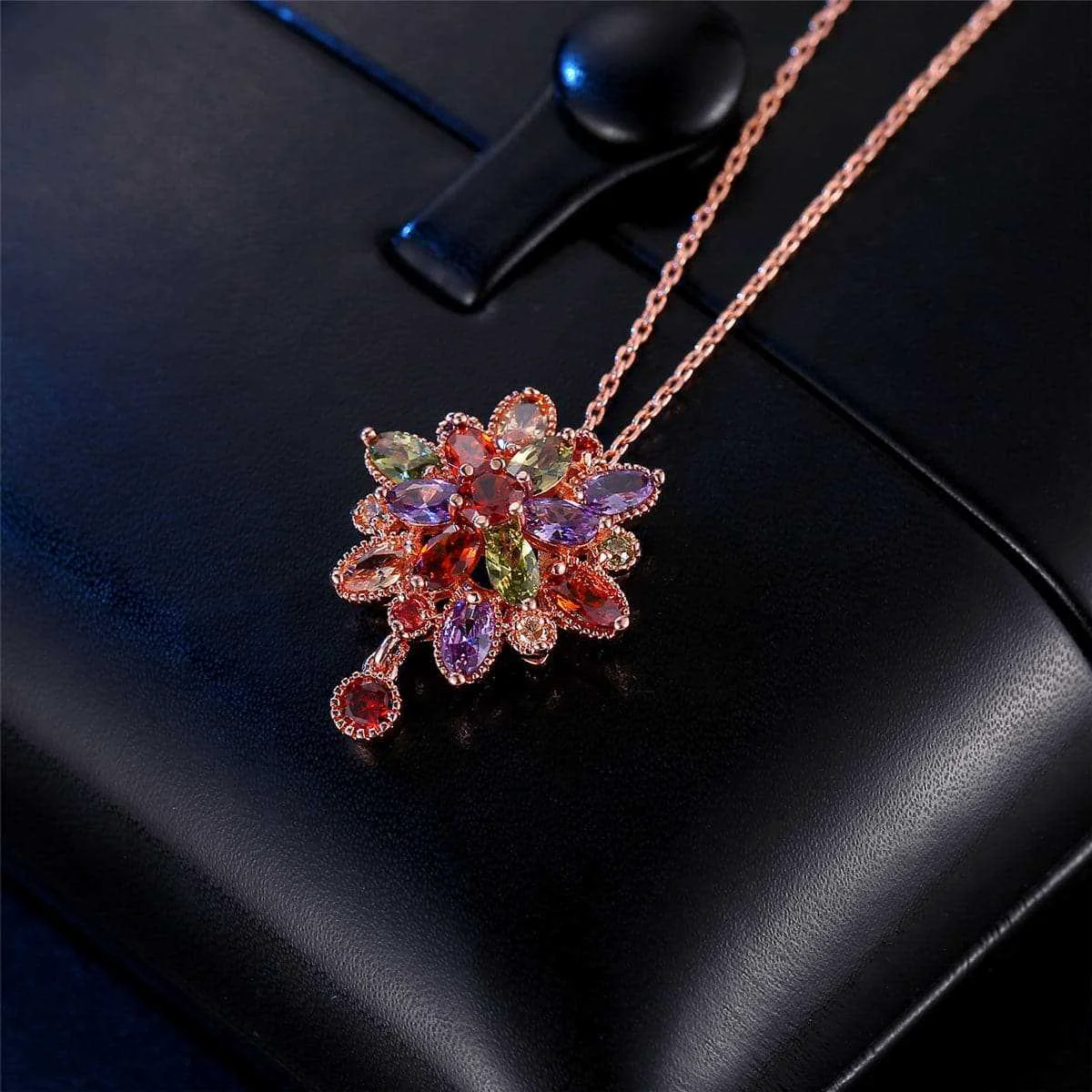 Verified Jewel-tone Crystal Rose Goldtone Geo-Drop Necklace Prestigious