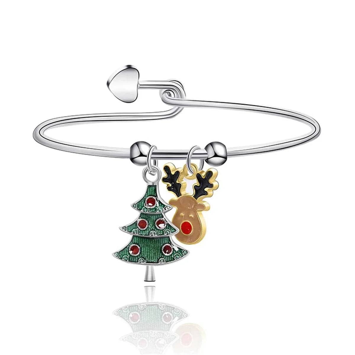 Minimalist Green Enamel Two Tone Christmas Tree Reindeer Charm Bangle Proven