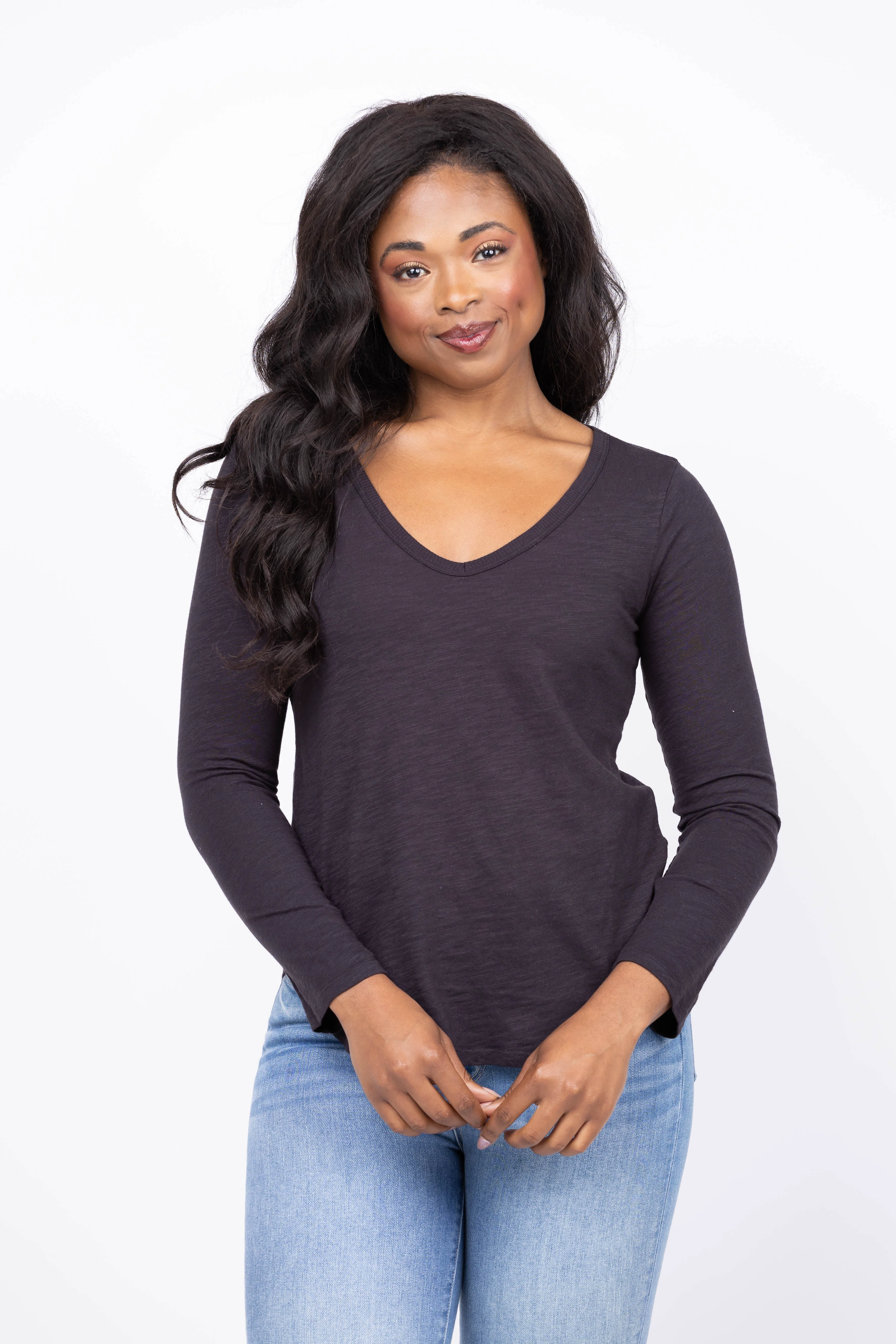 Comfortable Dylan Long Sleeve Deep V-Tee in Ranch Black Outstanding