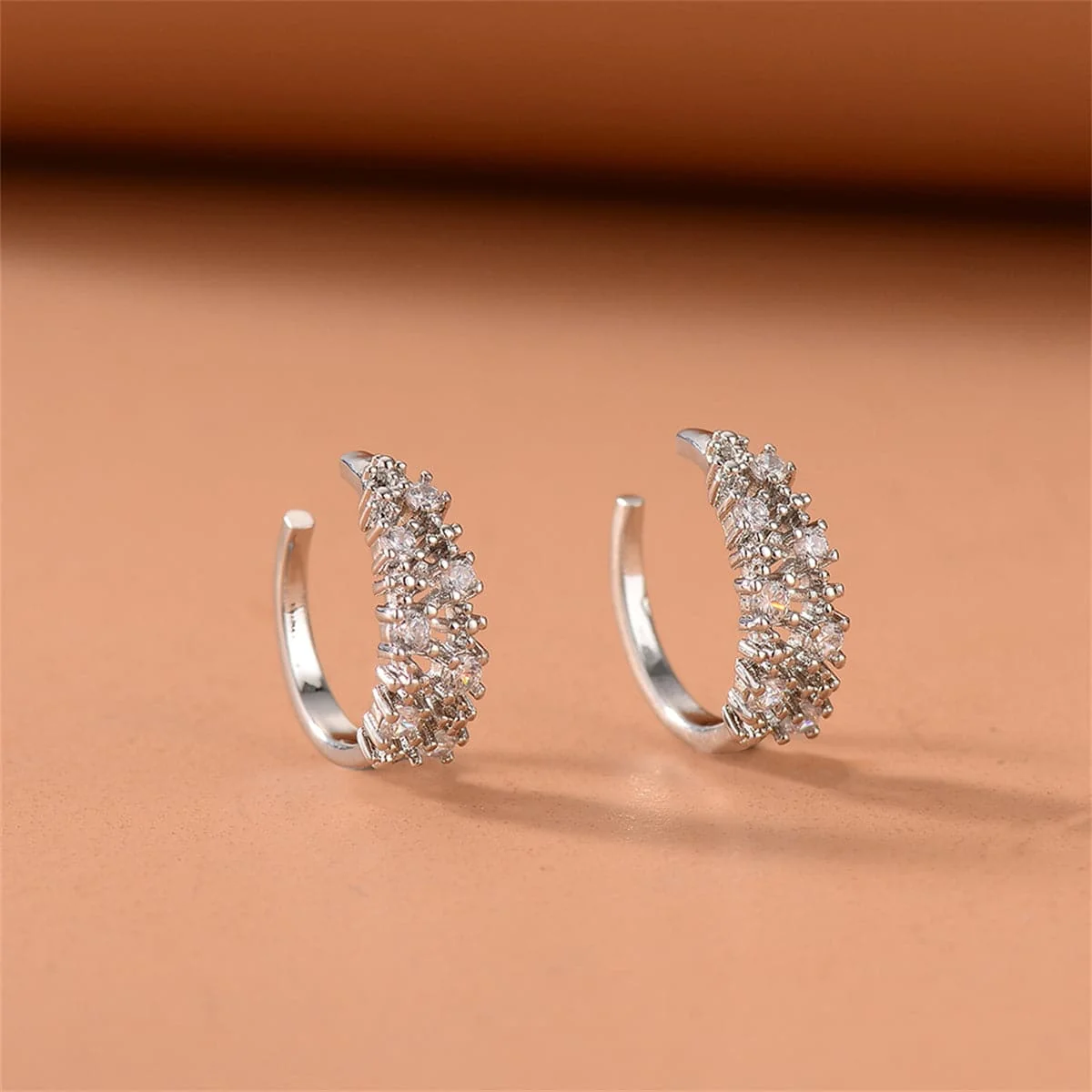 Professional Cubic Zirconia Silvertone Textured Ear Cuffs Premium