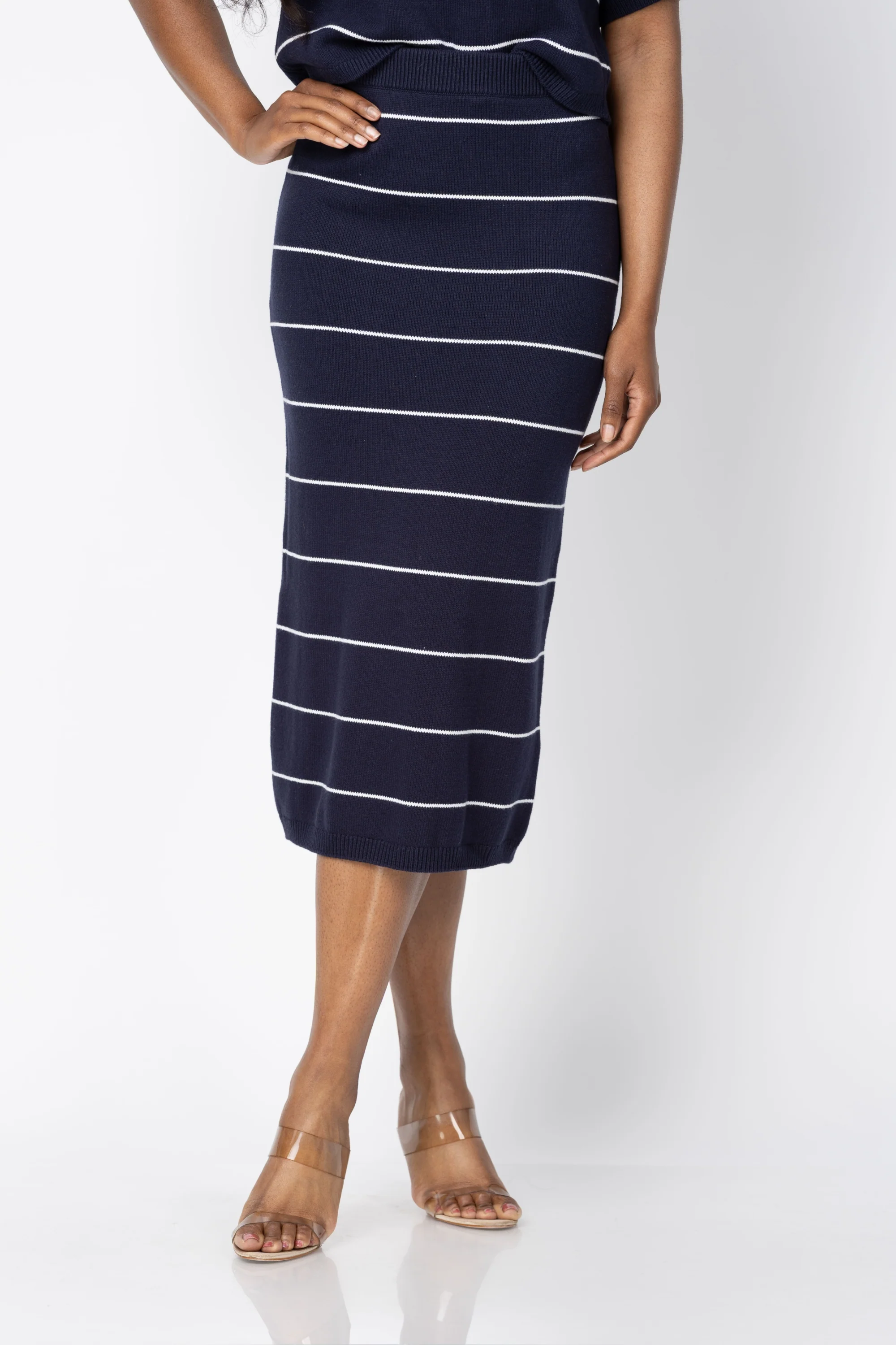 Soft Stitches Stripes Warner Midi Skirt in Cadet Combo Premium Material